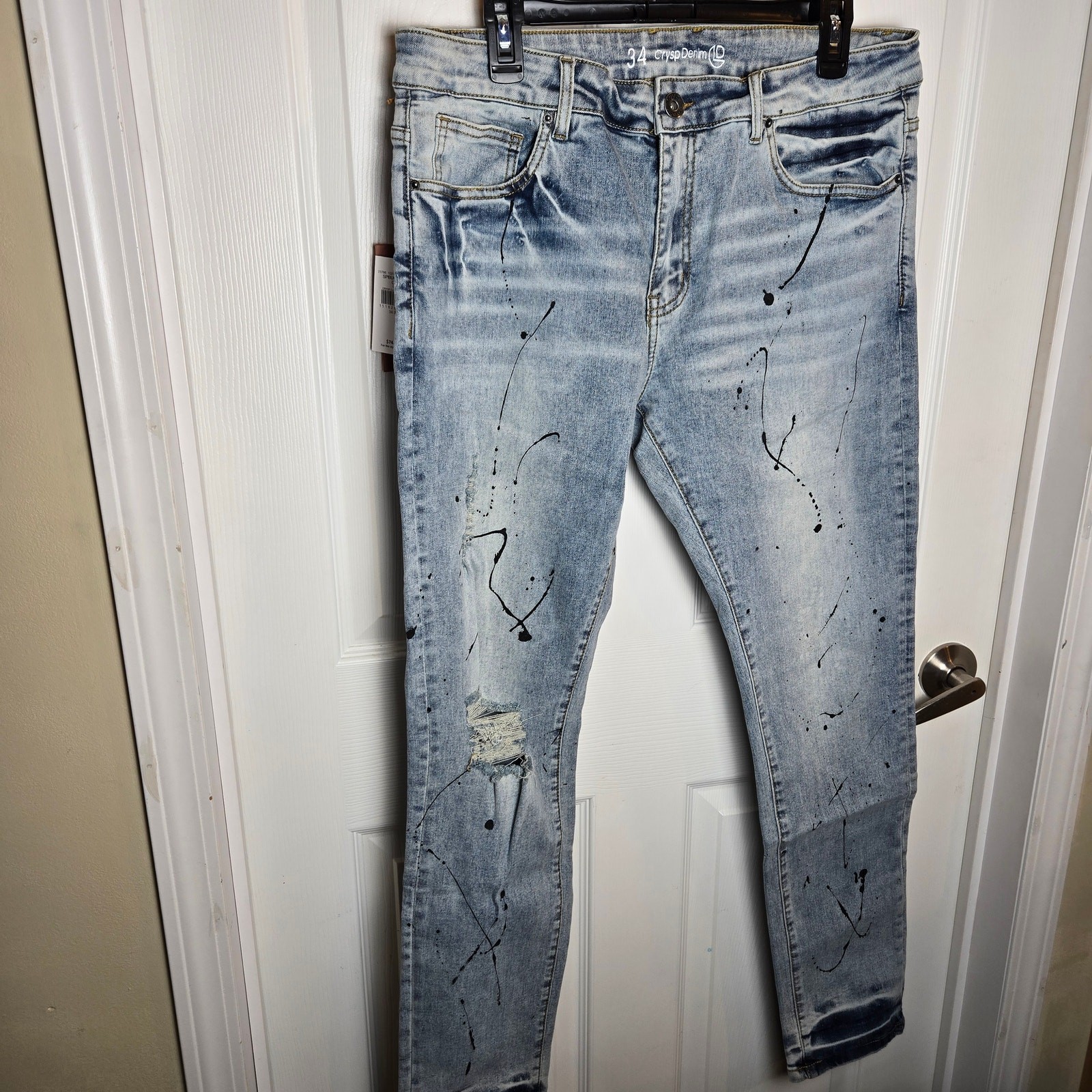 NWT Crysp Denim Men\'s Distressed Vintage Wash Paint Splatter Skinny Jeans 34/32