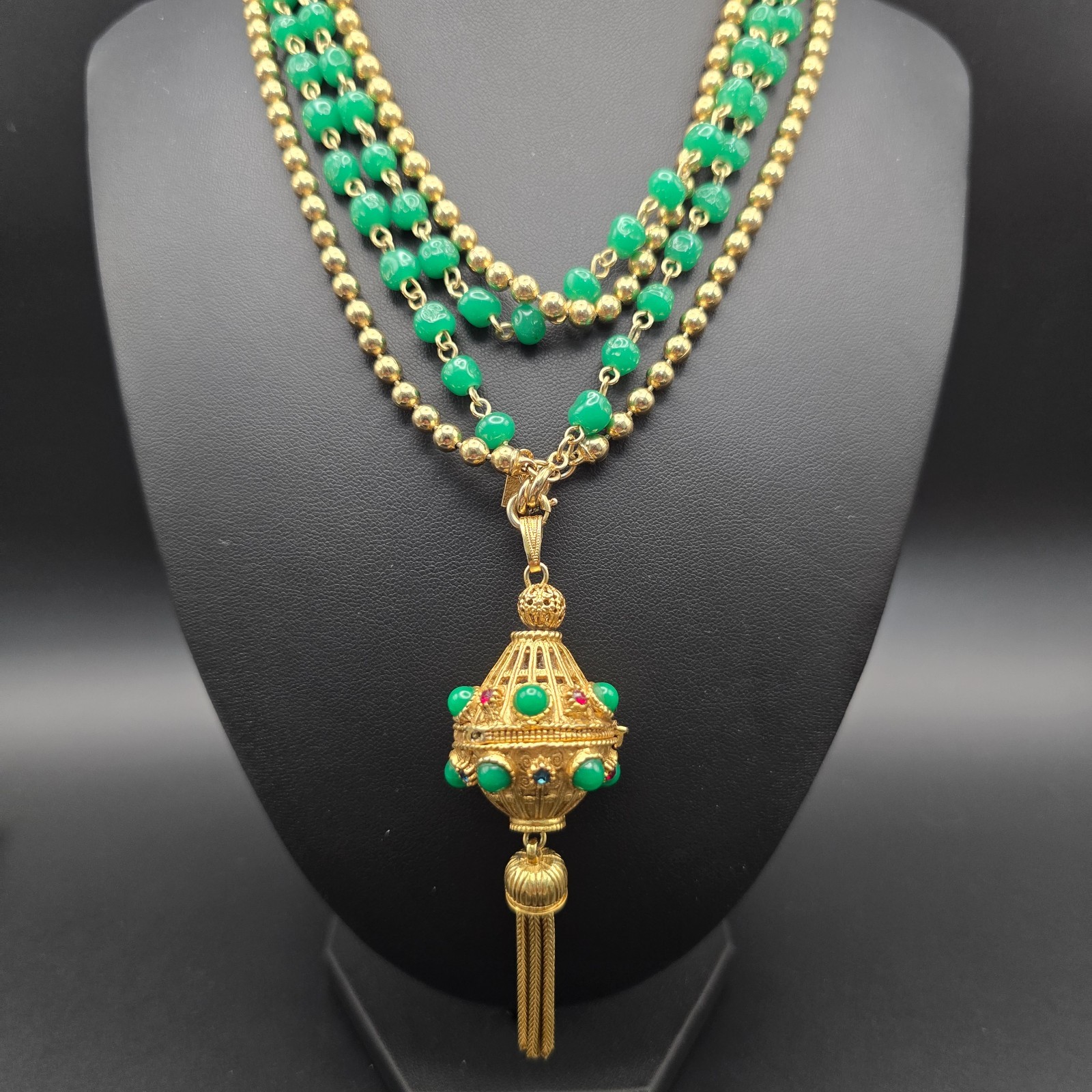 Vintage Florenza Very Rare Gold Tone Perfume Pendant + Emmons Green Bead Necklac