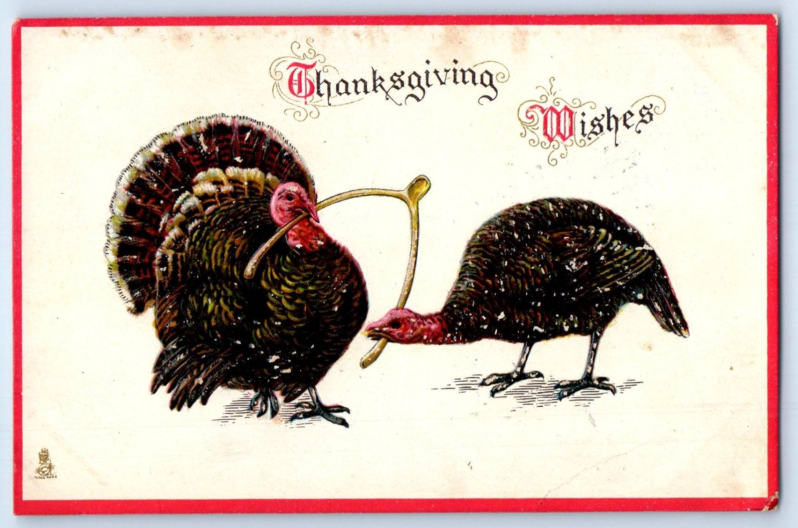 c1910\'s Thanksgiving Turkeys With Wishbone Embossed Tuck Posted Antique Postcard c1910\'s Thanksgiving Turkeys With Wishbone Embossed Tuck Posted Antique Postcard