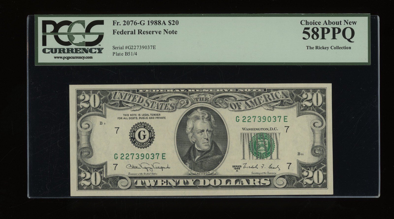 DBR 1988-A $20 FRN Chicago Fr. 2076-G PCGS 58 PPQ Serial G22739037E
