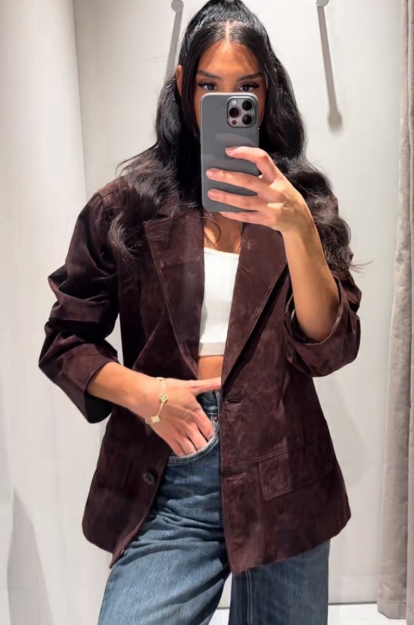 ZARA WOMAN FW25 DARK BROWN 100% SUEDE OVERSIZED BLAZER SIZE M 4341/710/716