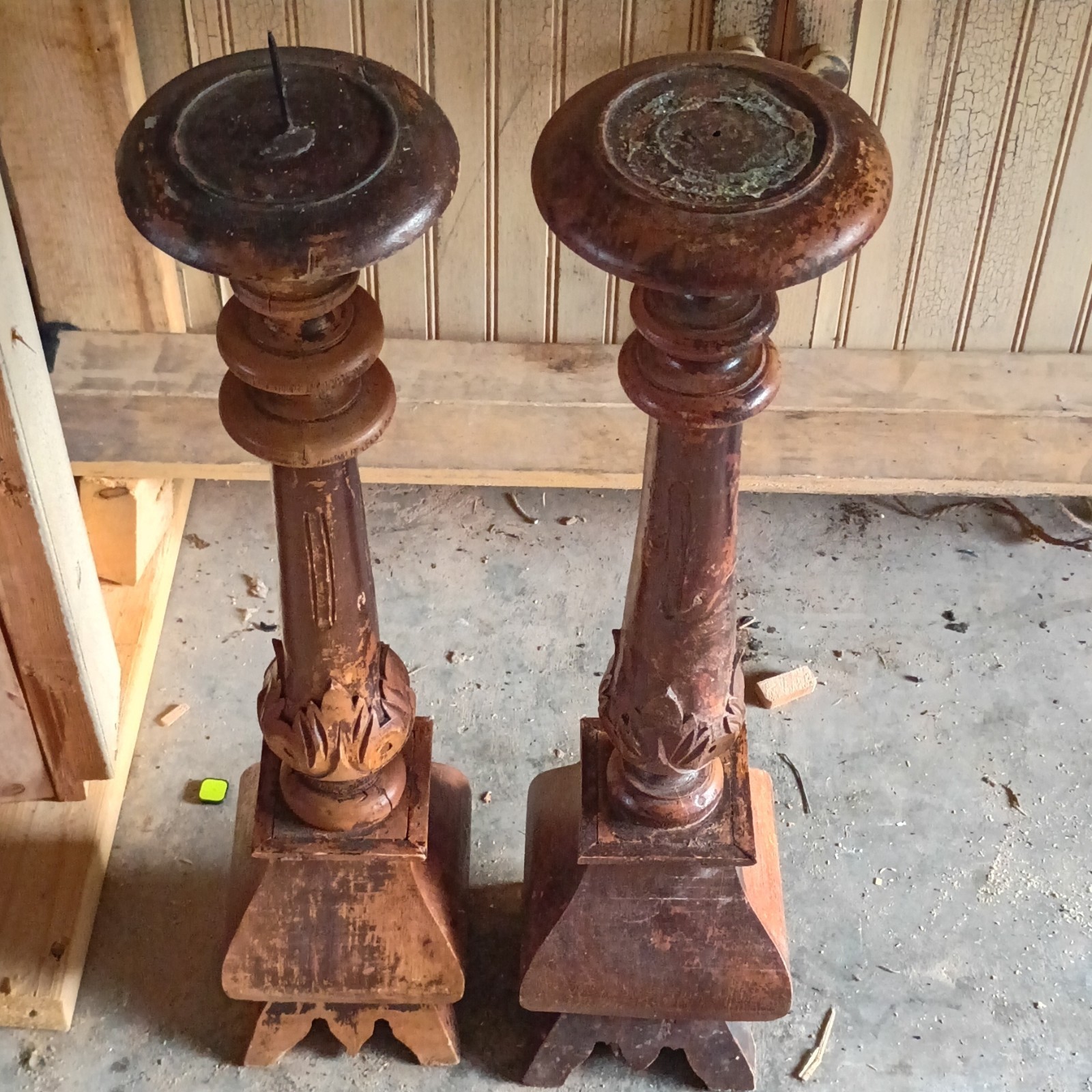 Vintage Pair Antique Wood Newel Posts Salvage Brown Architectural Salvage