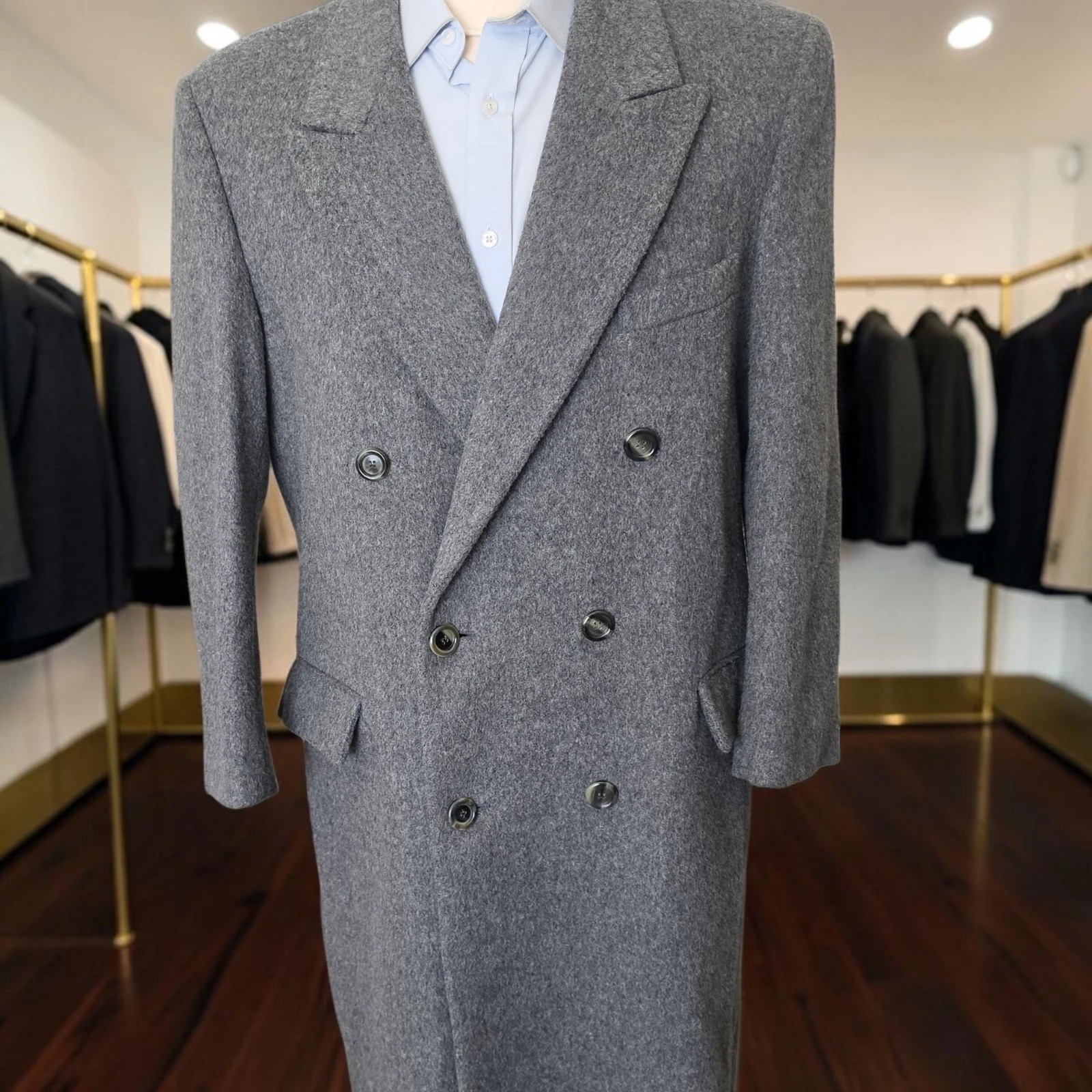 Vintage Bespoke Double Breasted Peak Lapel Overcoat 42s 1970s Man In Wool
