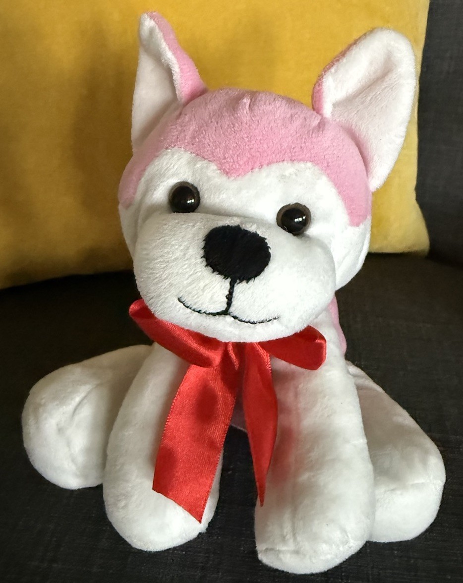 Animal Adventure Pink White Plush Dog Red Bow Black Nose 2018 Seated Smiling WoW