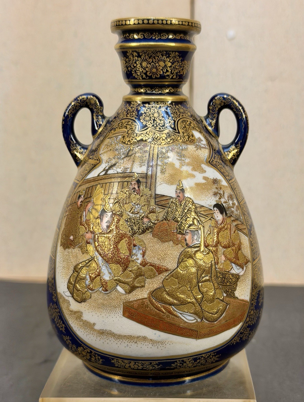 Japanese Meiji Satsuma Vase Cobalt Blue Gilt Samurai, Signed Kinkozan