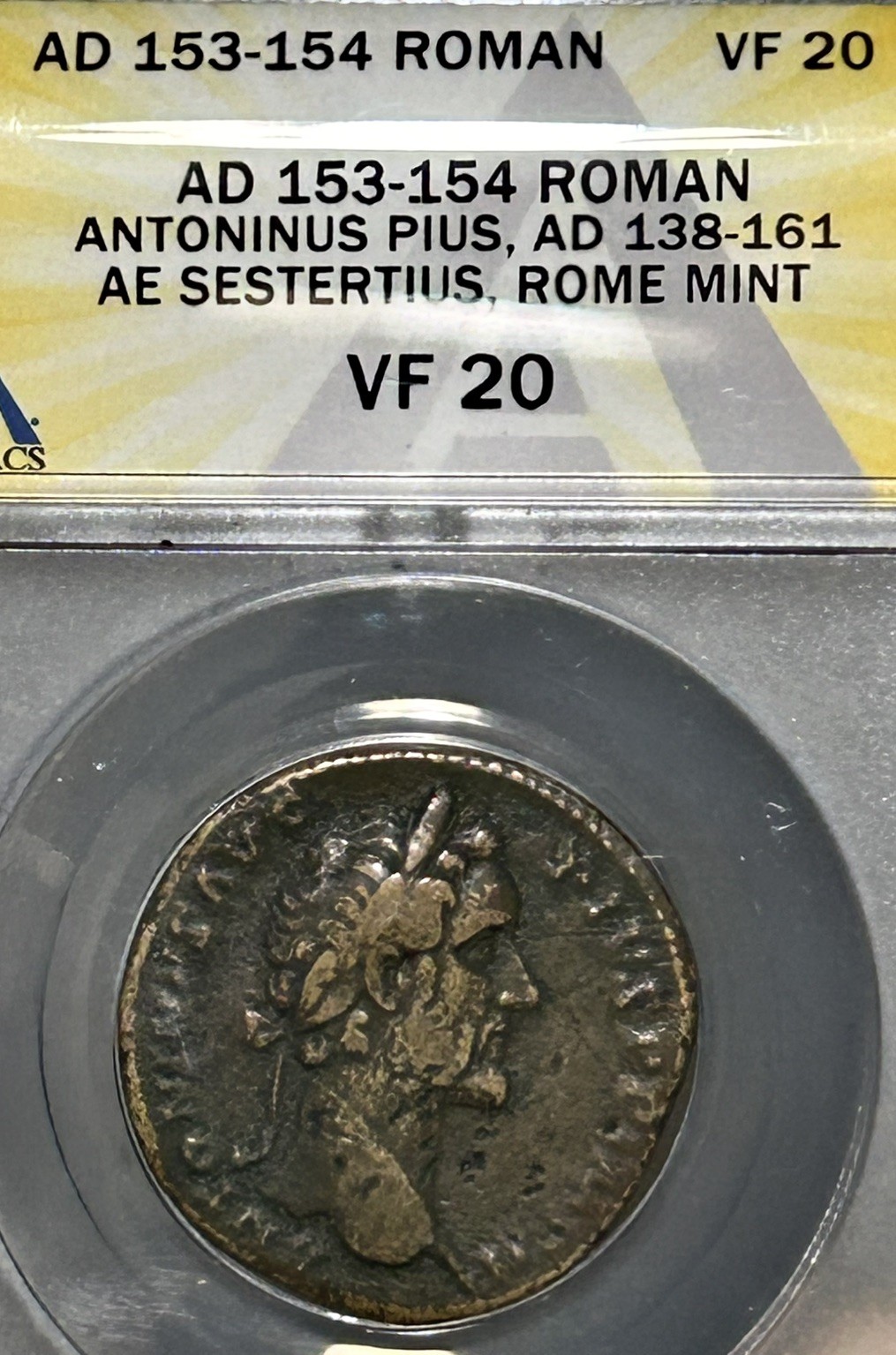 Antoninus Pius AE Sestertius AD 153-154 ANACS VF 20 Roma seated with Globe