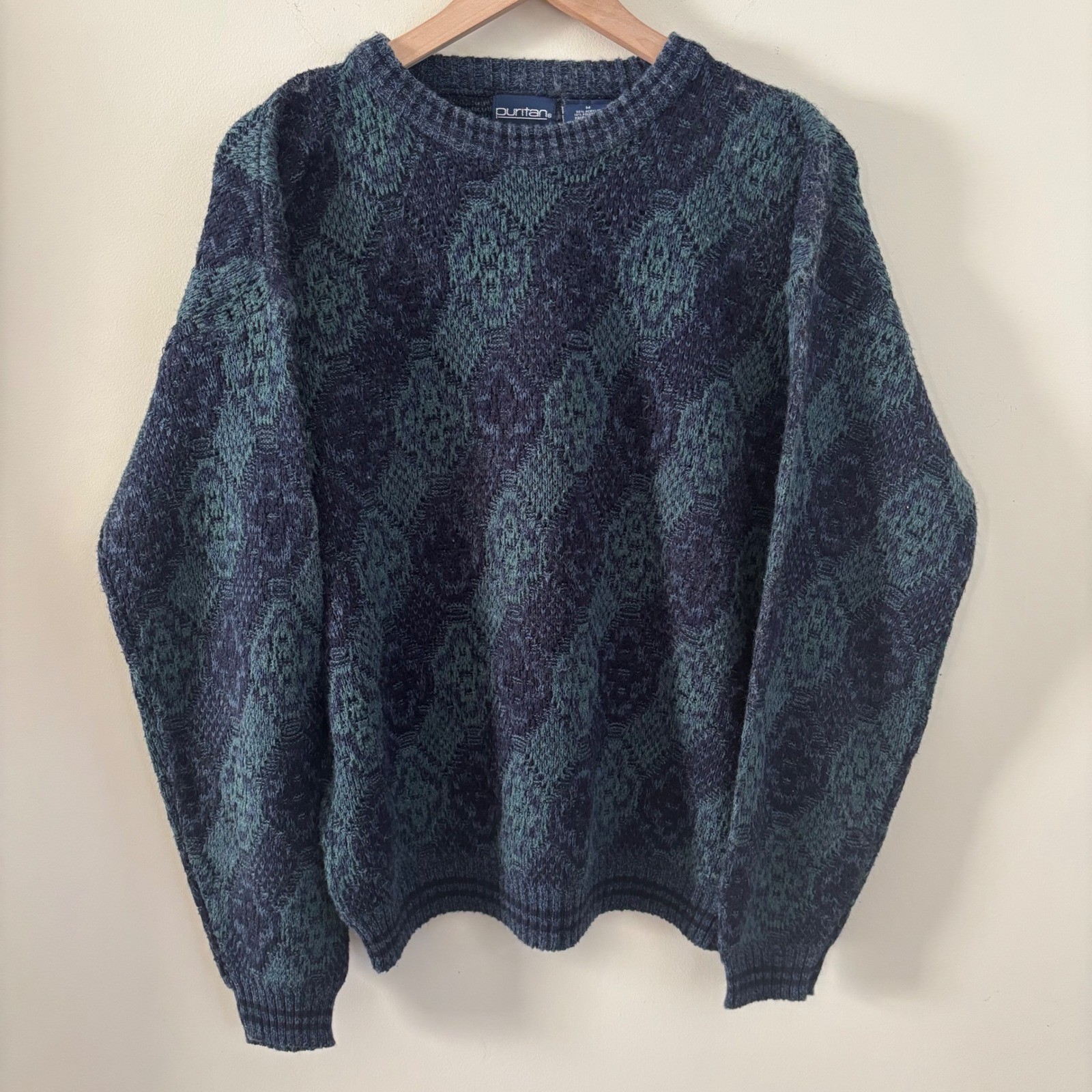 Puritan Vintage Mens Medium Blue Teal Geometric Knit Crewneck Sweater Pullover