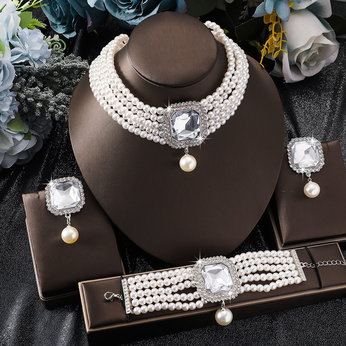 Alloy Imitation Pearl Crystal  Tone Gem Jewelry Set Necklace Bracelet Earrings