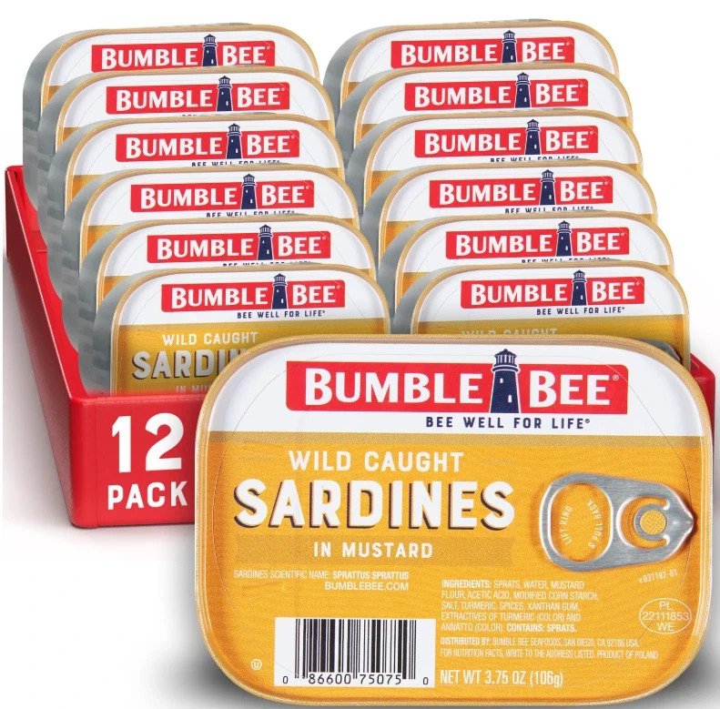Bumble Bee Sardines in Mustard Sauce, 3.75 Oz Tin (Pack of 12) - Wild Caught, Gl