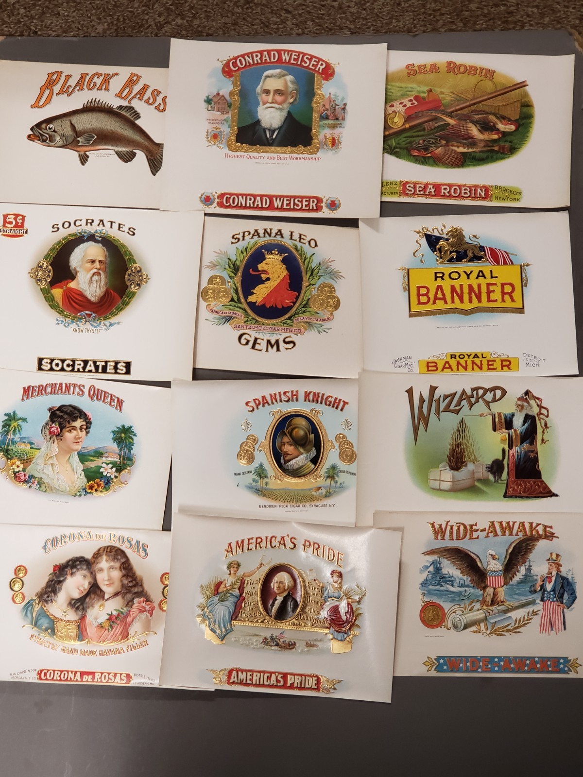 Vtg Lot of 12 Early 1900s Cigar Box Labels - Wizard, Socrates, Wide Awake, Bass Vtg Lot of 12 Early 1900s Cigar Box Labels - Wizard, Socrates, Wide Awake, Bass