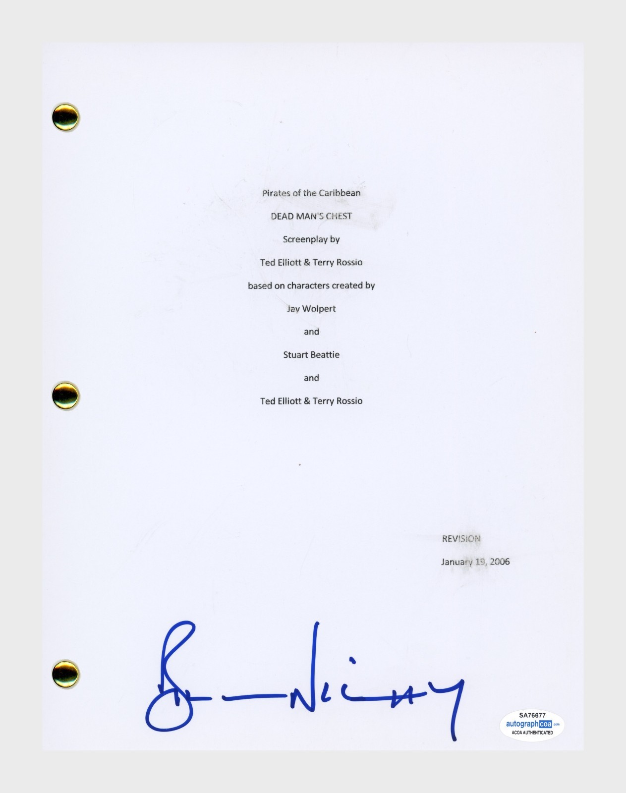 Bill Nighy Signed Pirates of The Caribbean Dead Man\'s Chest Script Cover ACOA
