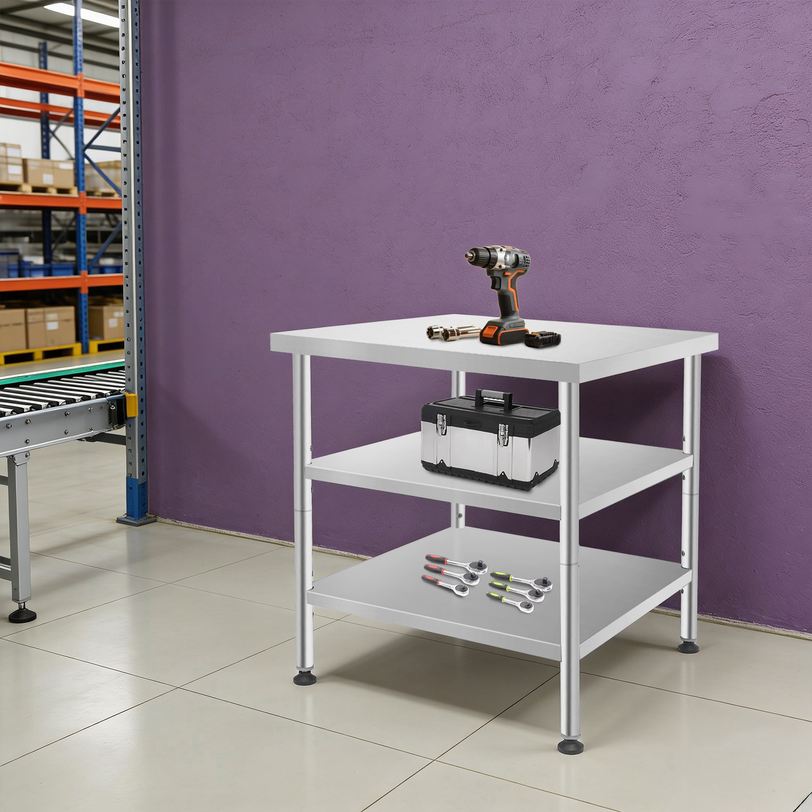 Stainless Steel Work Table,3-Tier Metal Utility Table w/Adjustable Under Shelves