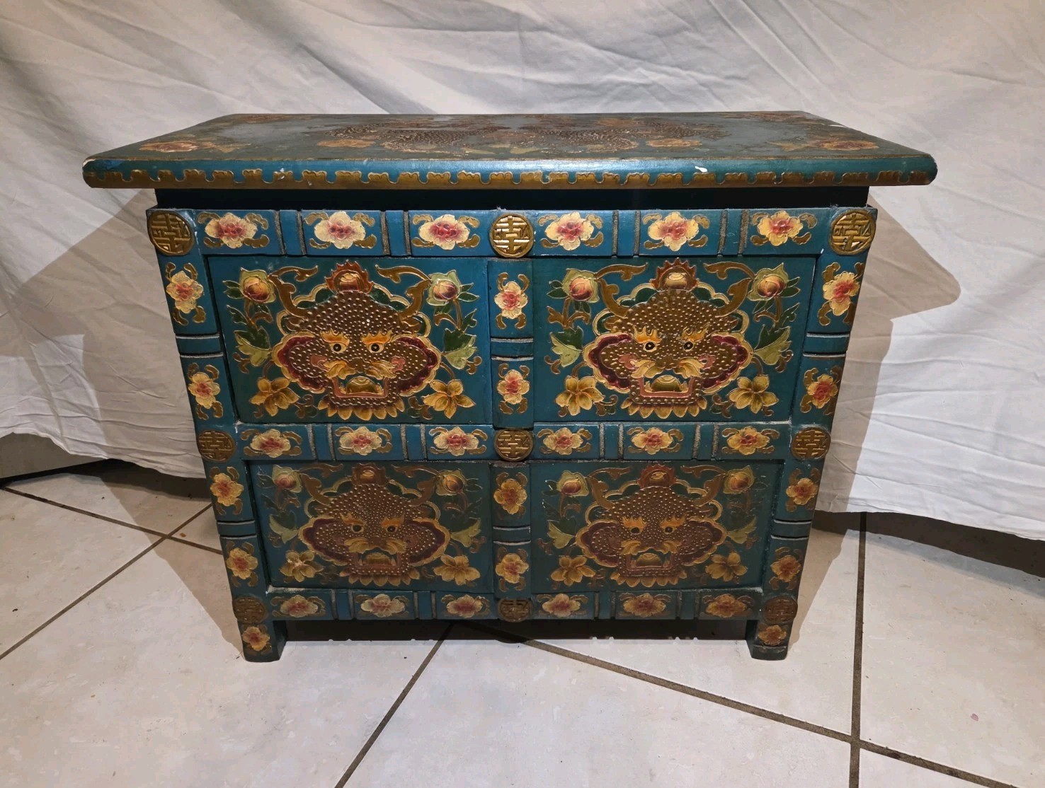 Vintage Tibetan Chinese Painted Dragon Cabinet Floral Asian Folk Art Furniture
