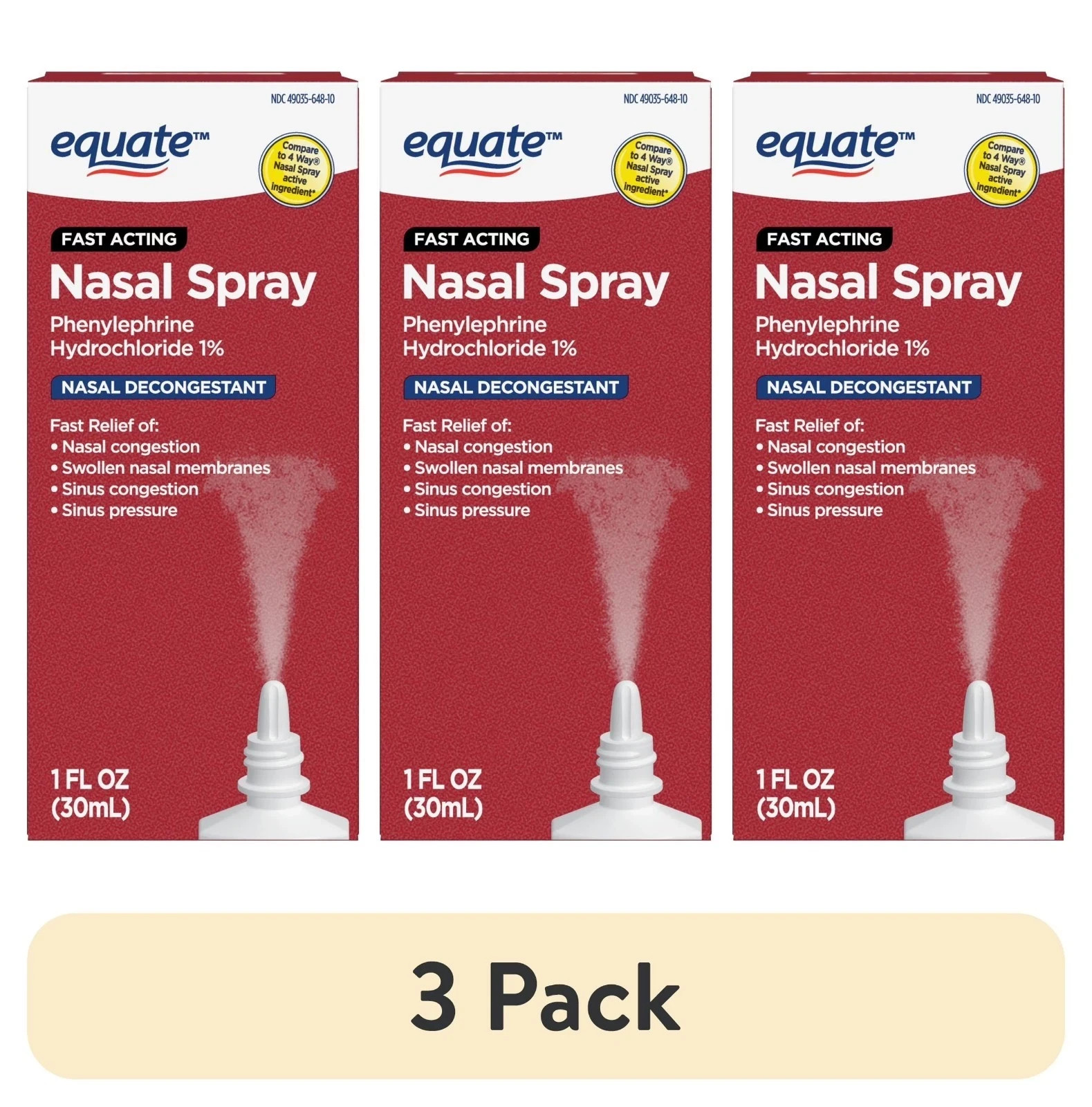 (3 Pack) Equate Nasal Four Nasal Spray, Phenylephrine Hydrochloride 1%, 1 fl oz (3 Pack) Equate Nasal Four Nasal Spray, Phenylephrine Hydrochloride 1%, 1 fl oz
