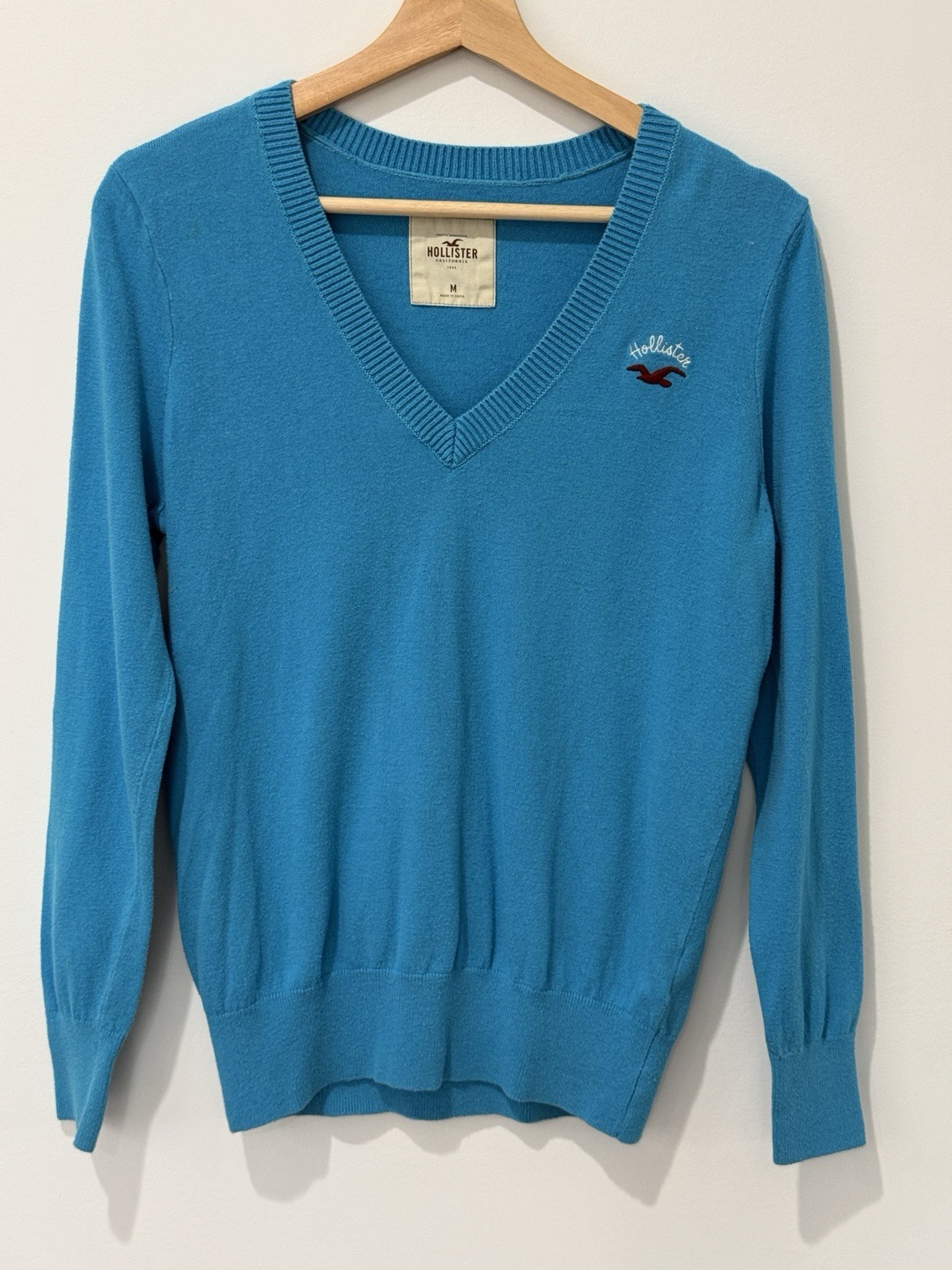 Hollister V-Neck Sweater Womens Medium Blue Cotton VTG Y2K Academic Preppy
