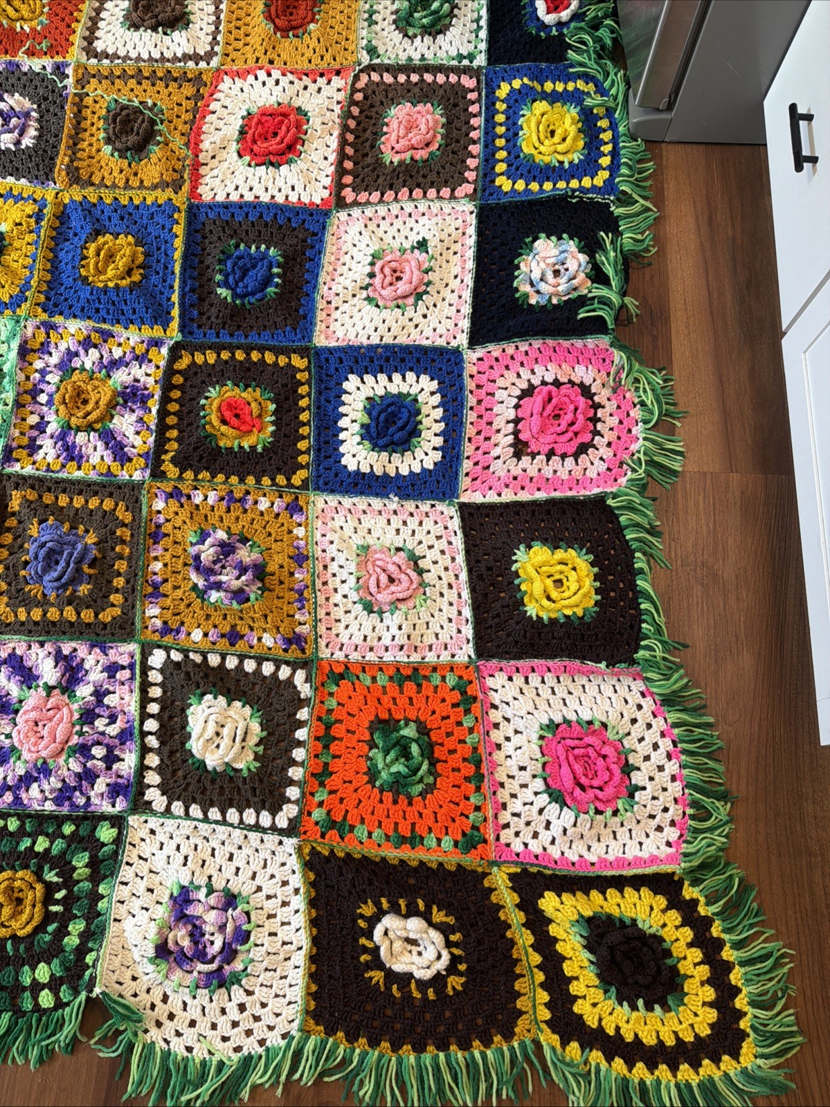 98 x 91” Hand-Crocheted Raised Floral Rose Granny Square Blanket Unfinished