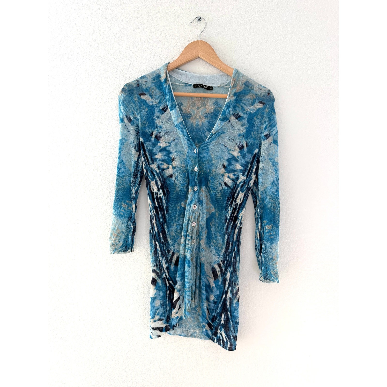 Nic + Zoe Blue Abstract Linen Blend Sheer Button Front Tunic Cardigan XS