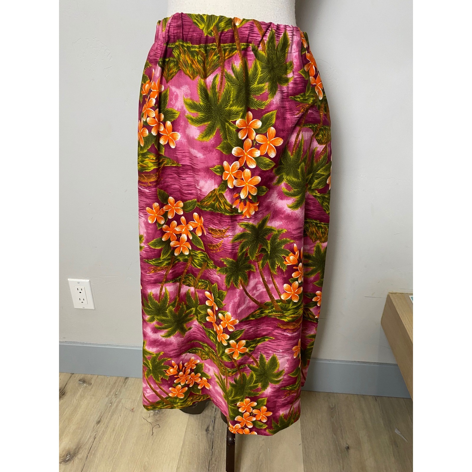 Vintage Hawaiian Maxi Skirt Pink Tropical Palm Tree Floral Elastic Waist M