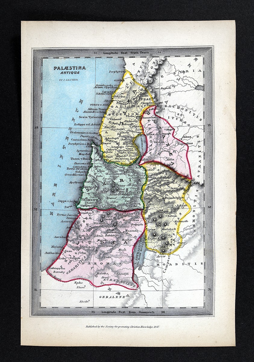 1847 Archer Map Palaestina Antiqua Ancient Palestine Judea Samara Galilee Israel