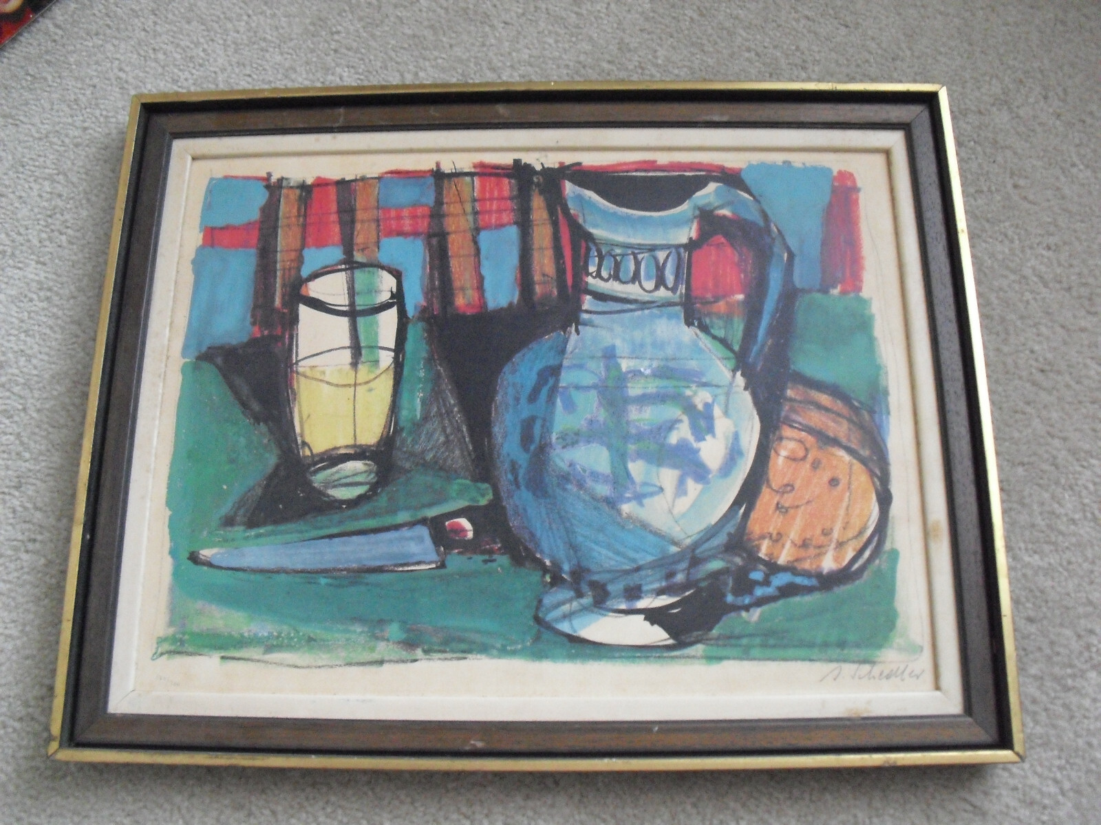 Vintage 1950s Jacques Schedler Signed Numbered Still Life Abstract Print Framed 