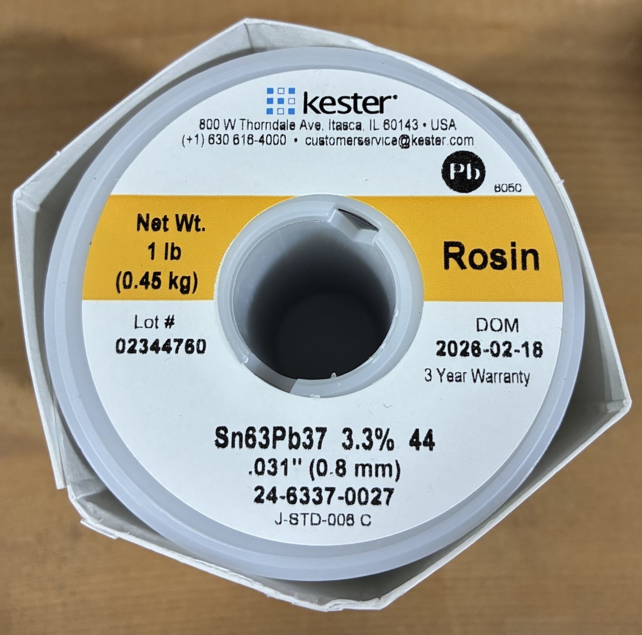 Kester 24-6337-0027 Solder Wire, Rosin Core, Leaded, Sn63Pb37, 3.3%, 0.031 Kester 24-6337-0027 Solder Wire, Rosin Core, Leaded, Sn63Pb37, 3.3%, 0.031
