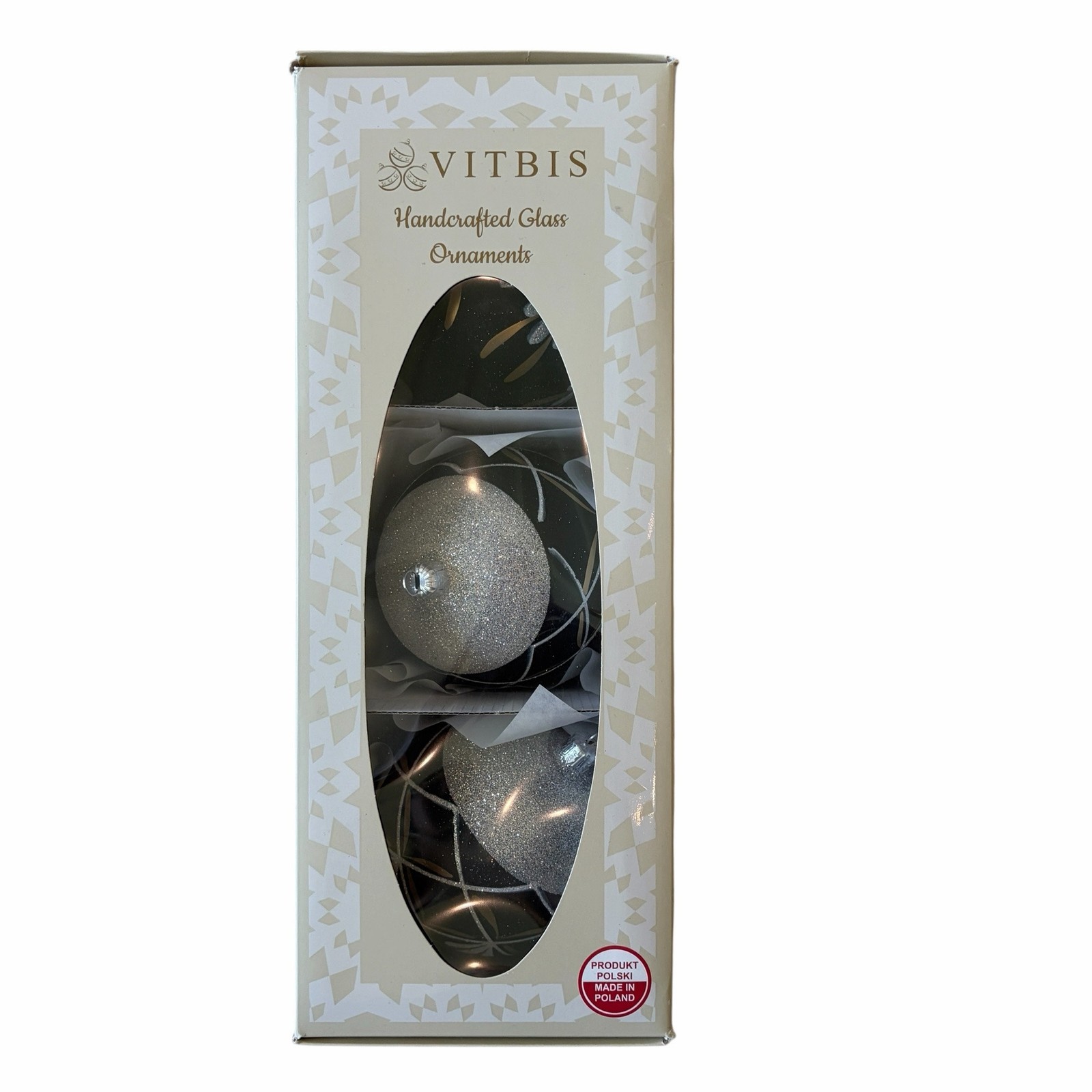 Vitbis Poland Handcrafted Glass Ornaments Boxed Set of 3 Black Silver Gold 3in