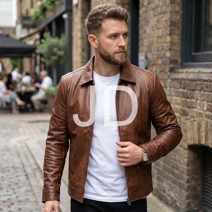 Real Lambskin Leather Jacket for Men - Vintage Turn Down Collar Zip Up Jacket