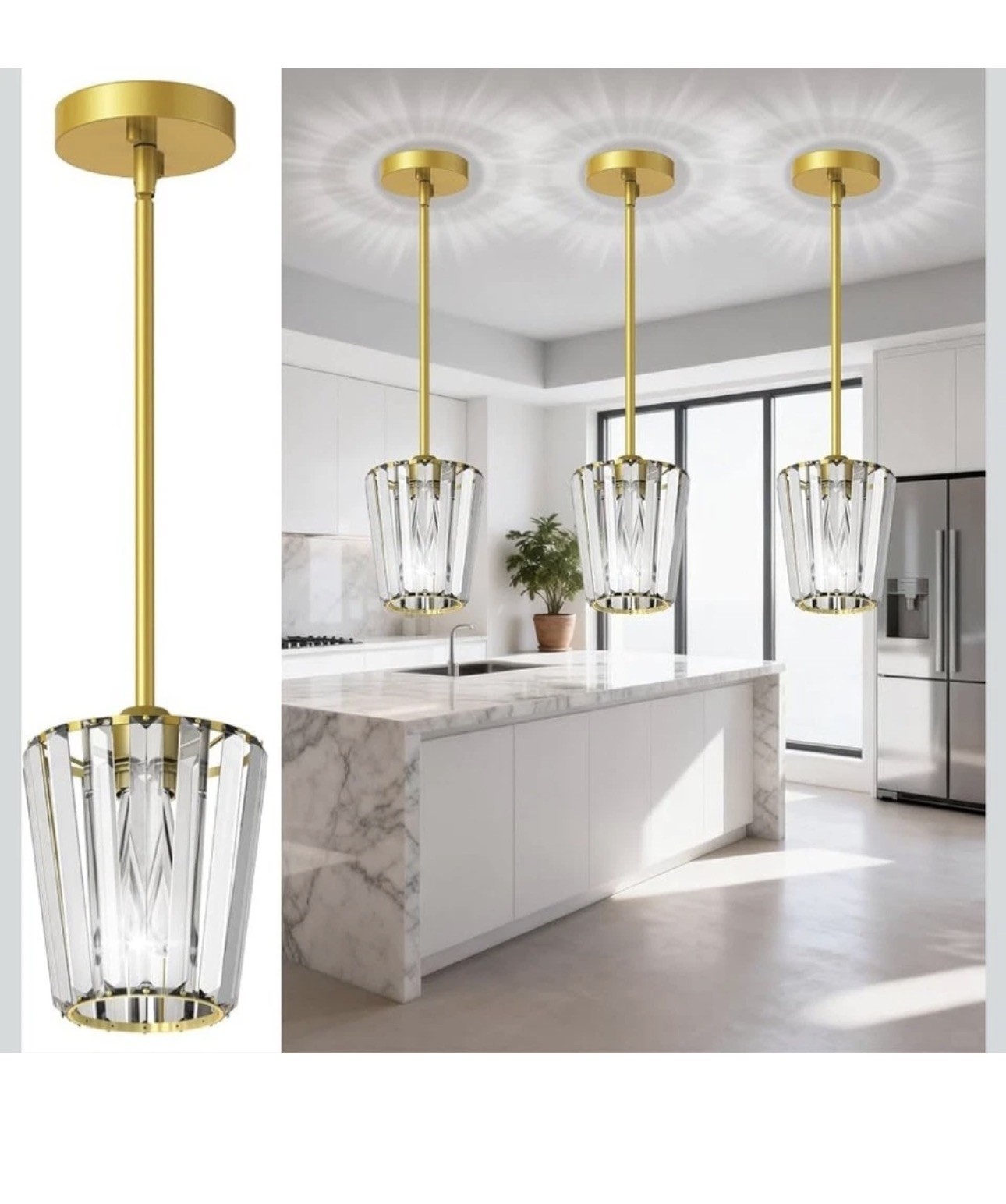 Rayspan 3-Pack Crystal Pendant Lights Gold Kitchen Island Lighting