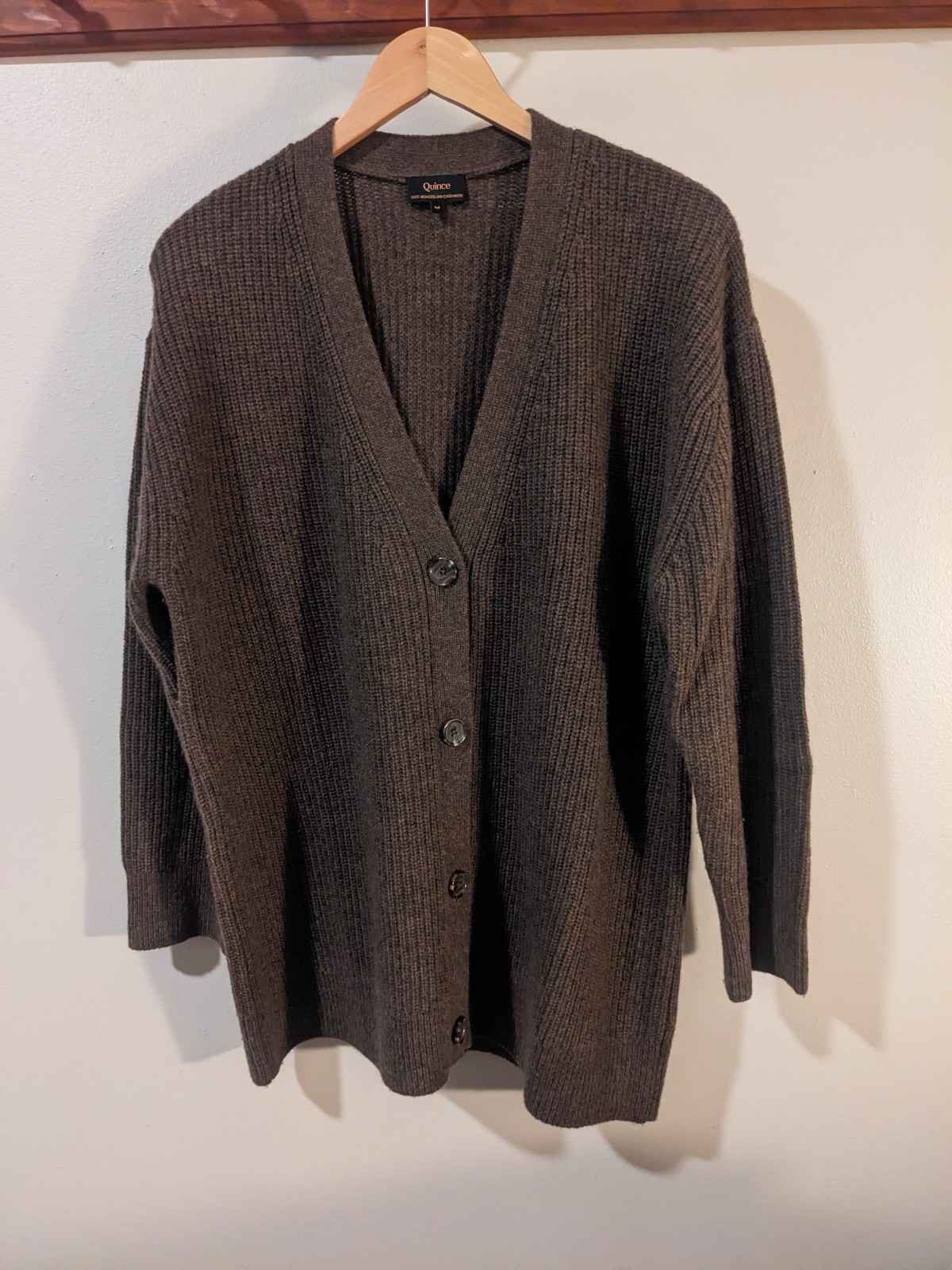 Quince Mongolian Cashmere Oversized Boyfriend Cardigan Sweater Brown Medium