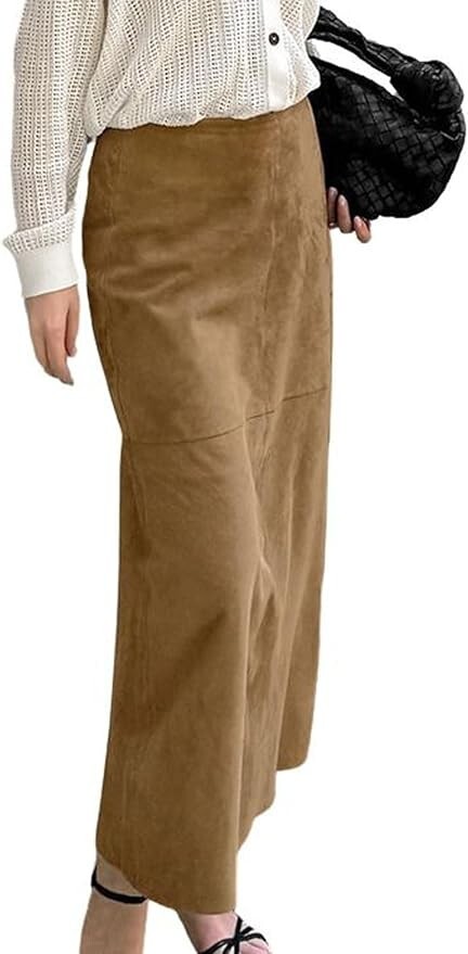 Women Fall Winter Elegant Faux Suede Leather Regular Fit Pencil Maxi Long Skirt
