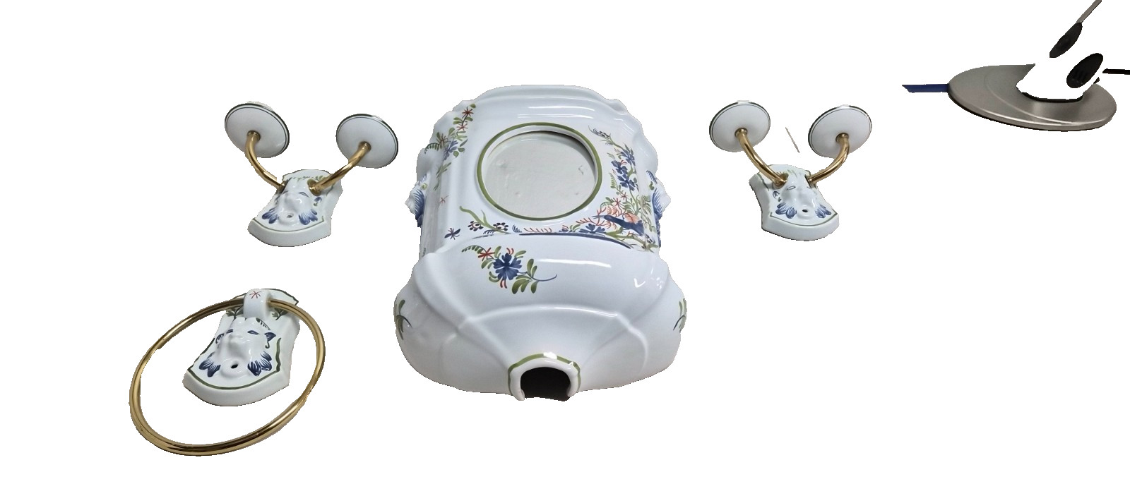 Vintage Fait Main Faience France porcelain center piece, sconces, towle holder Vintage Fait Main Faience France porcelain center piece, sconces, towle holder