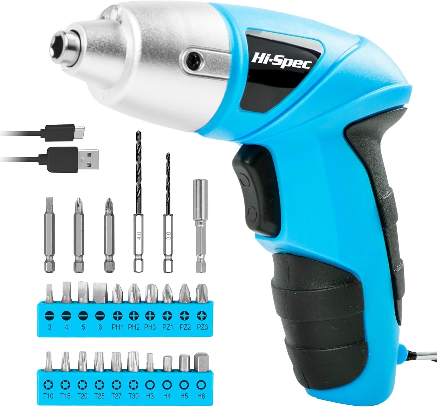 Hi-Spec 3.6V Cordless Electric Screwdriver Set with 26 Bits, Blue
