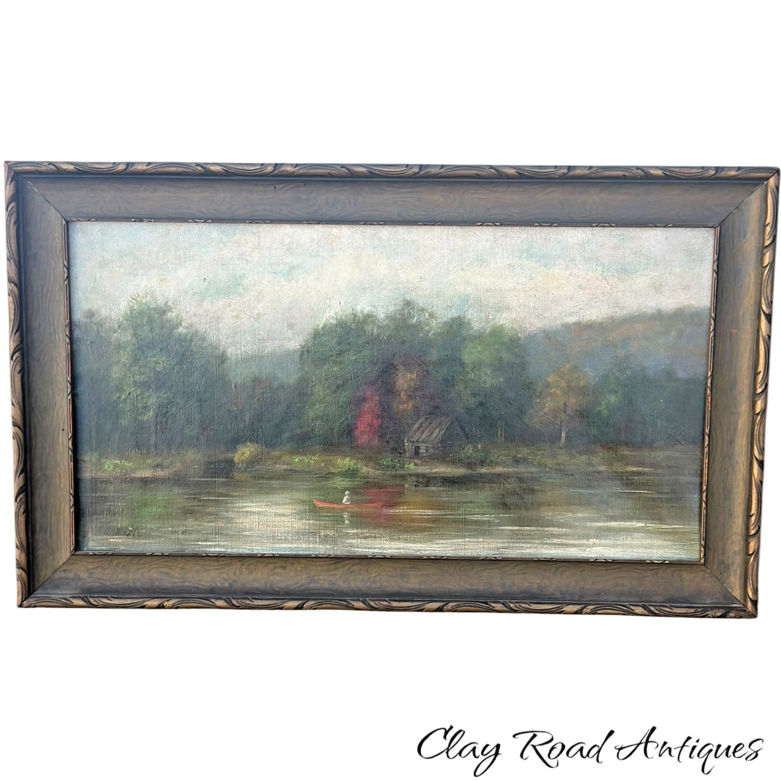 Antique c1920 Hudson River School Style Oil Painting Lake Canoe Cabin Landscape Antique c1920 Hudson River School Style Oil Painting Lake Canoe Cabin Landscape