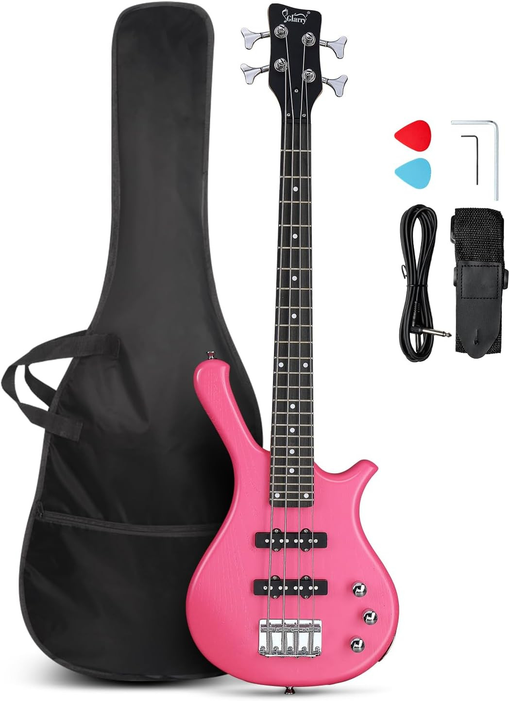 GLARRY 4 String Electric Bass Guitar 36 Inch Pink Beginner Kit w/ Bag Strap GLARRY 4 String Electric Bass Guitar 36 Inch Pink Beginner Kit w/ Bag Strap