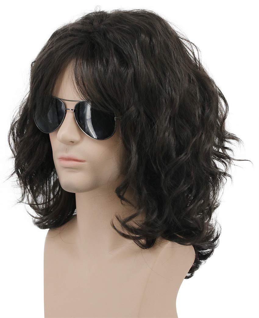 California 70S 80S Rocker Wig Men Women Long Curly Dark Brown