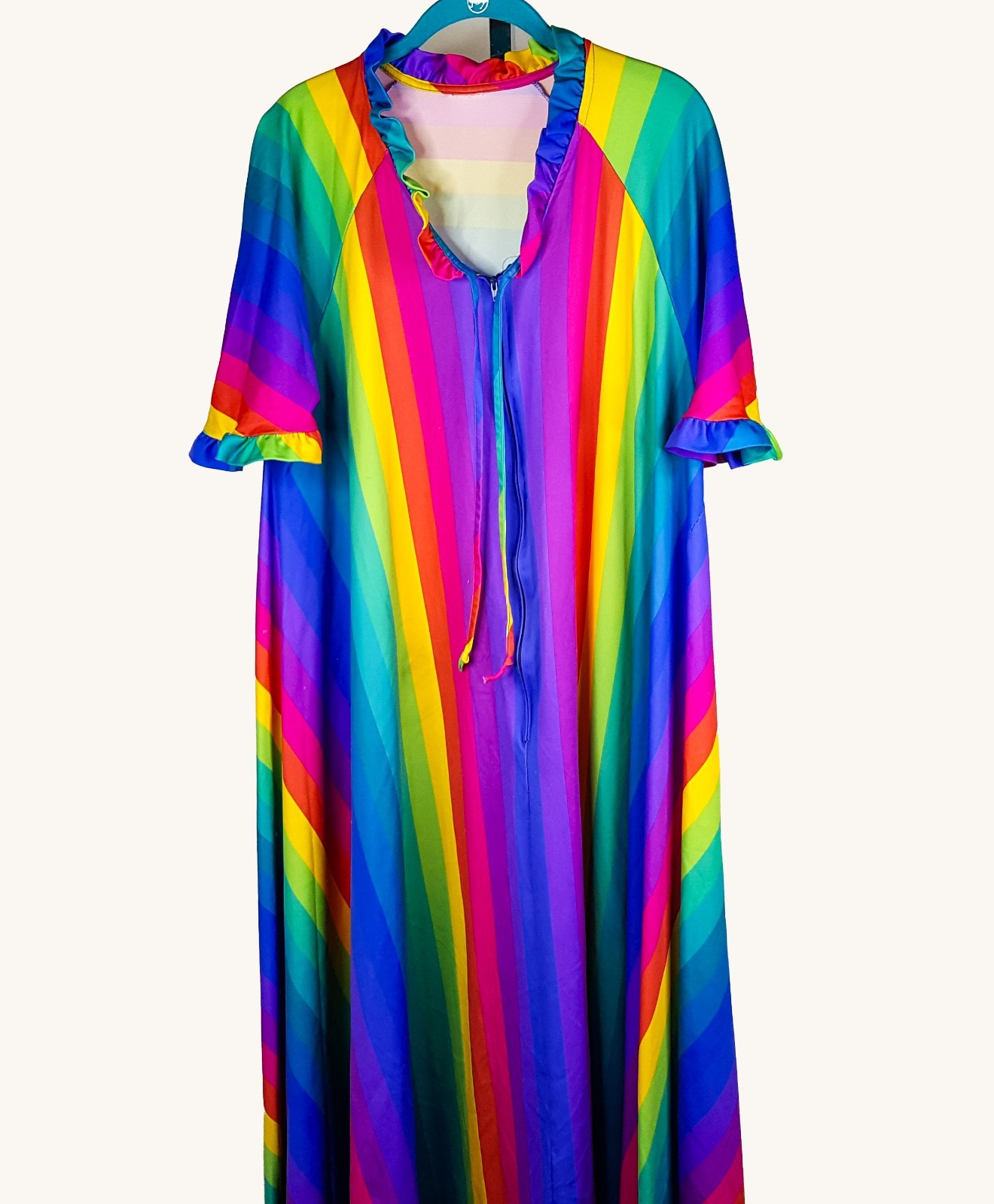 Vintage Rainbow Stripe XL Maxi Beach Cover Up Muumuu 1/2 Zip Groovy Gay Pride