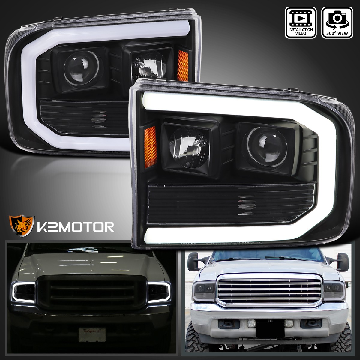 Black Fits 1999-2004 Ford F250 F350 F450 SuperDuty LED Tube Projector Headlights