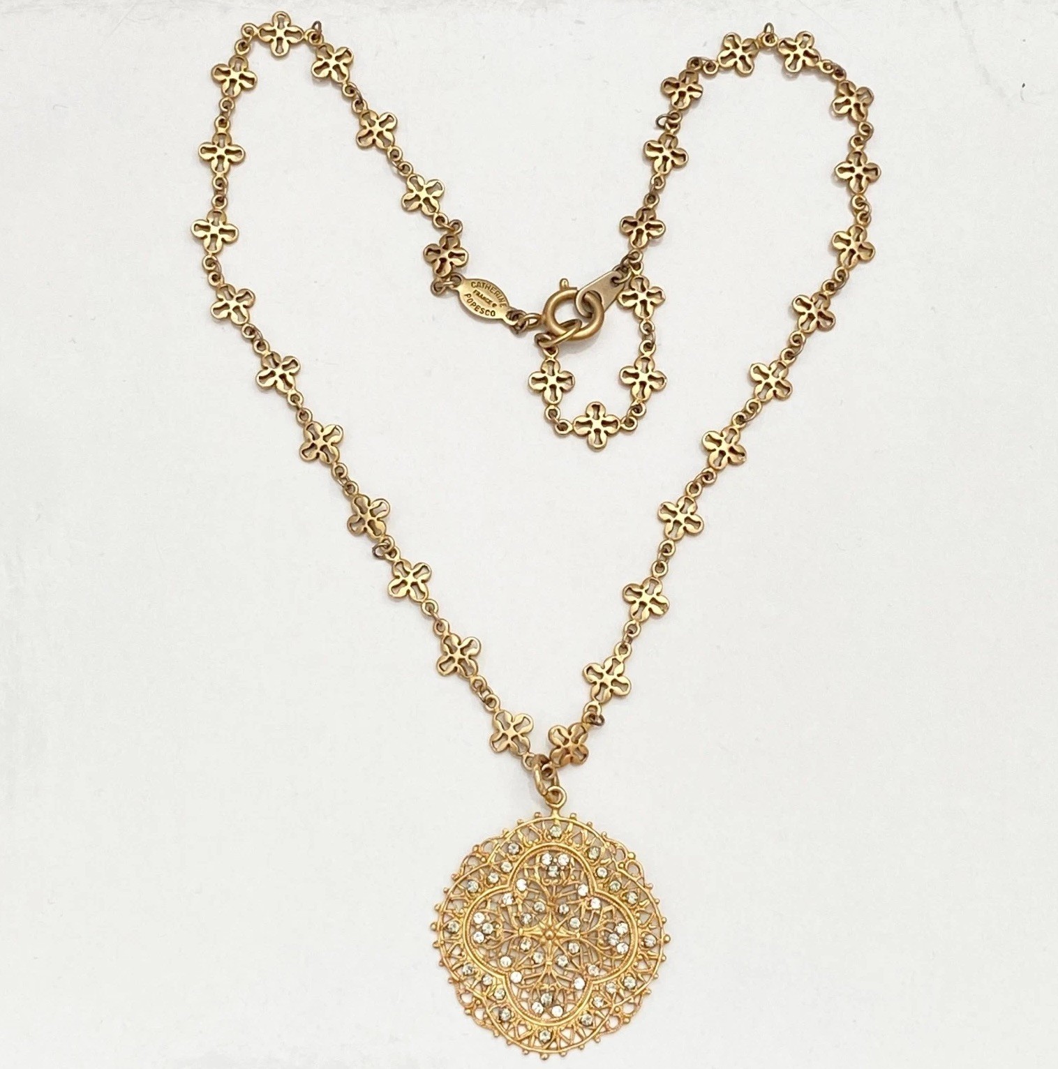 Vintage Catherine Popesco France Filigree Crystal Medallion Pendant Necklace