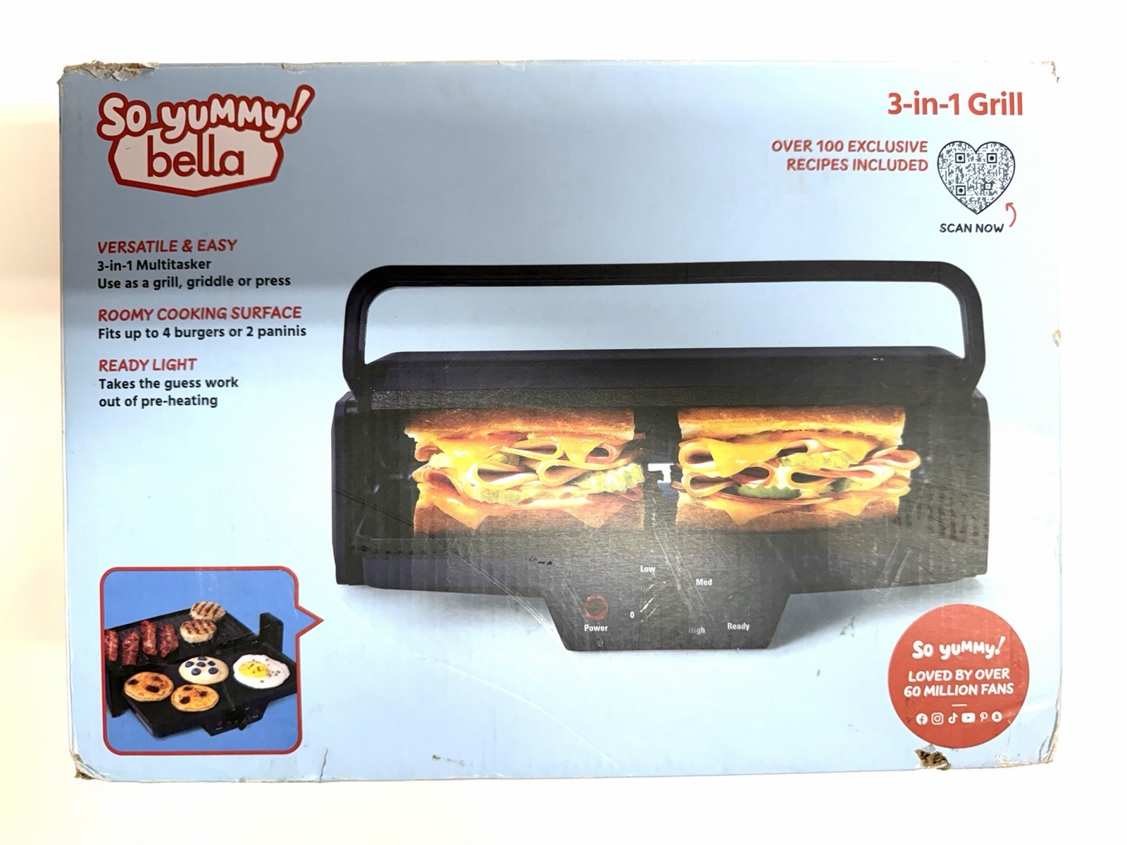 NEW Bella So Yummy 3-in-1 Grill Griddle Panini Press Nonstick Electric