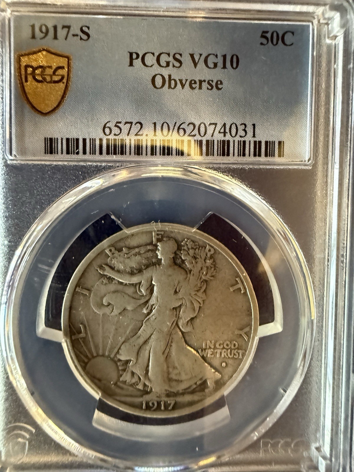 1917-S Walking Liberty Half Dollar 50c PCGS VG10 Obverse Rare🍒🍒🍒🍒❤️❤️❤️