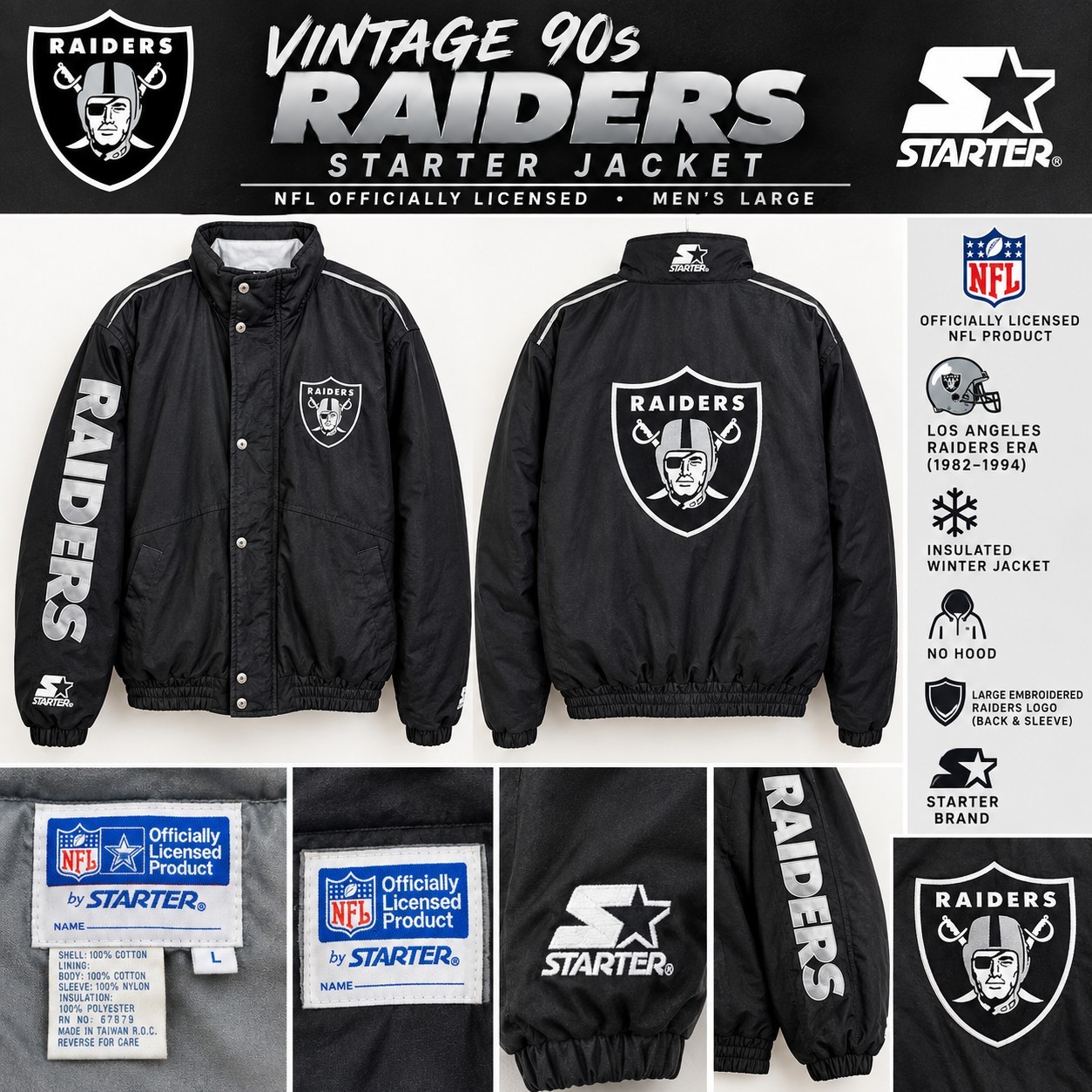 Vintage 90s Raiders Starter Jacket Men\'s L NFL Hooded Black Gray RN 67879