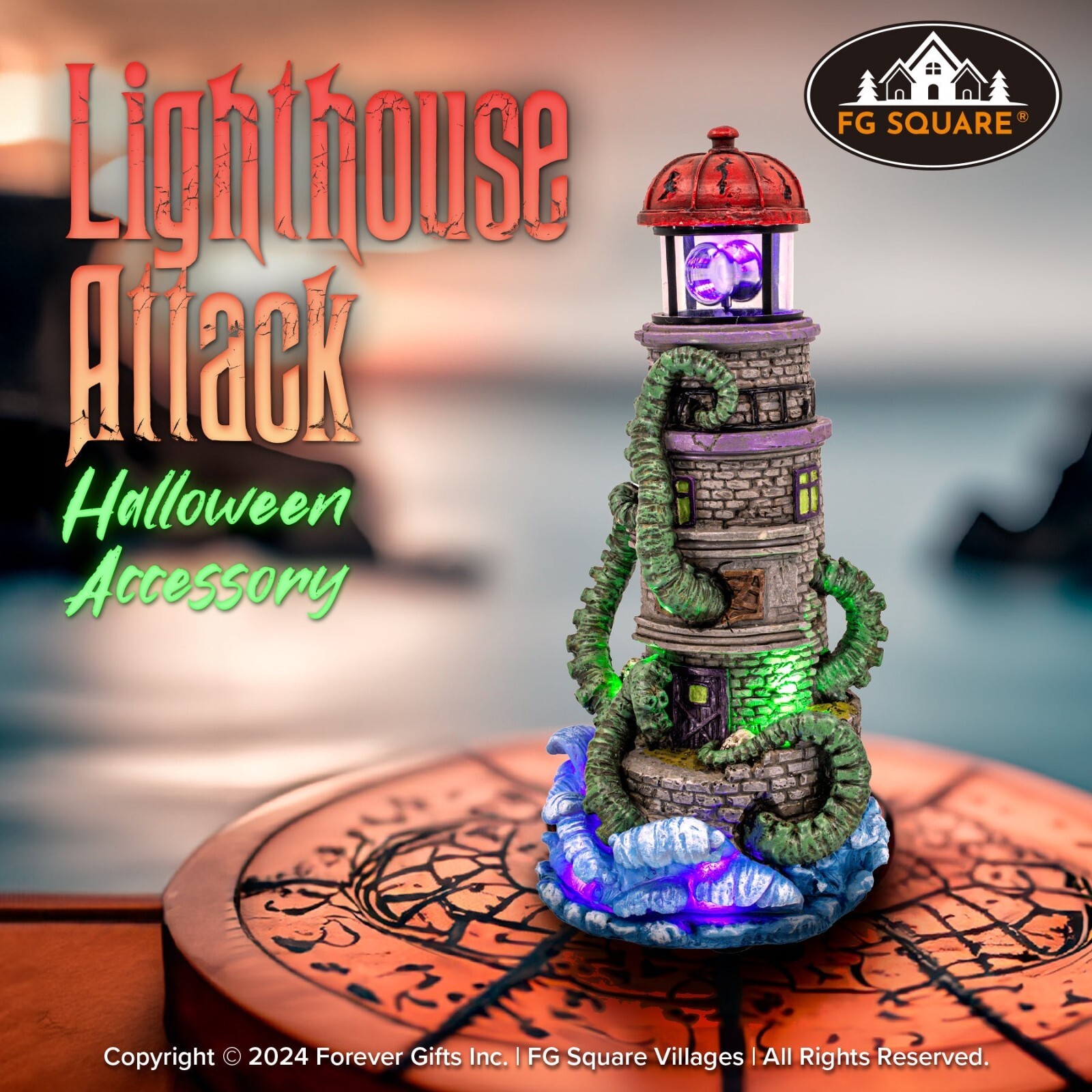 FG Square Lighthouse Attack Kraken Theme Spooky Halloween Village Decor 6x6x12 FG Square Lighthouse Attack Kraken Theme Spooky Halloween Village Decor 6x6x12
