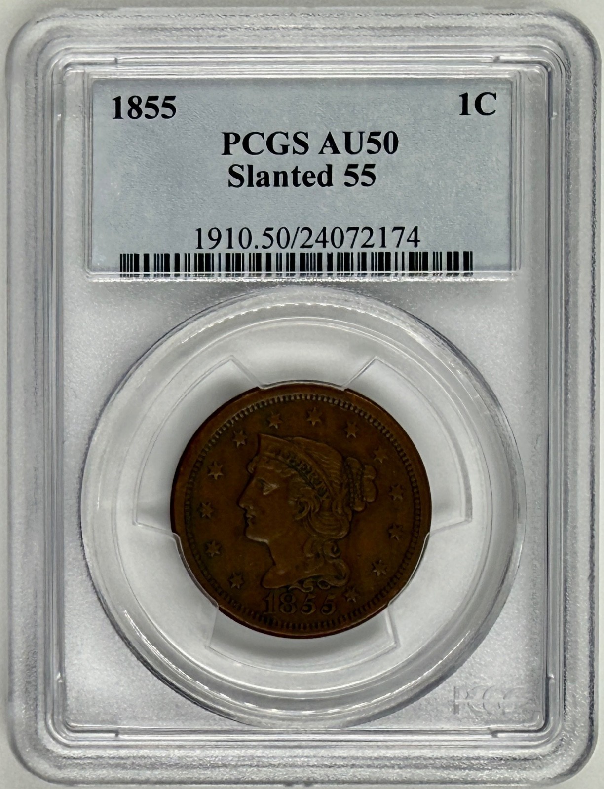 1855 Braided Hair Large Cent Slanted 55 PCGS AU 50 1C