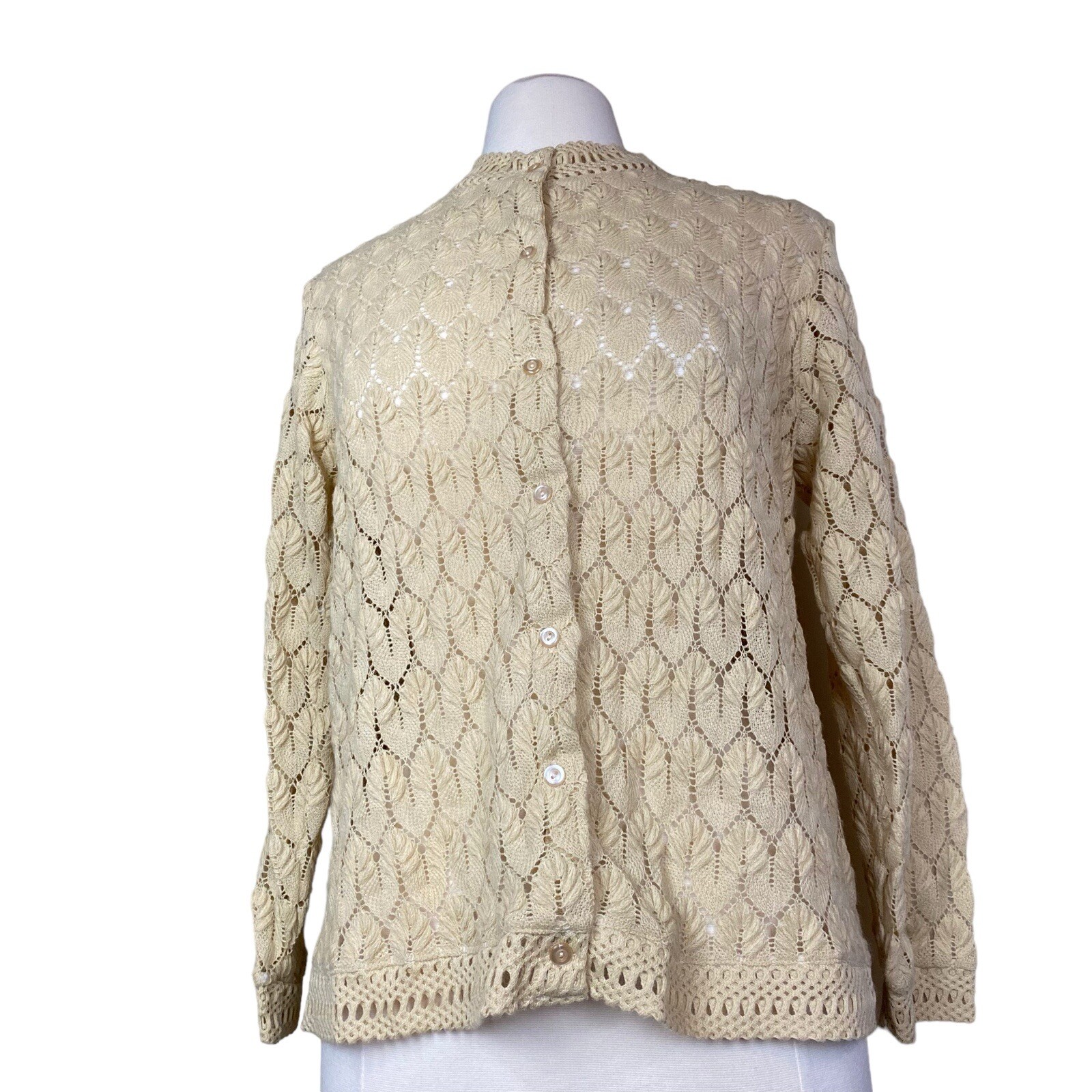 VTG 60s Cardigan Sweater Boho Crochet Lace Granny Cottage Women’s Sz MED READ