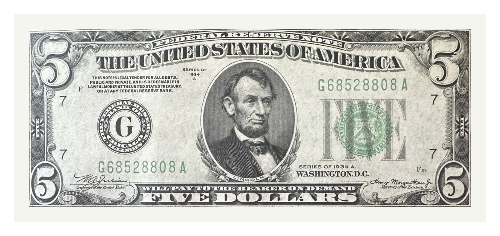 1934A $5 Federal Reserve Note Chicago Fr 1957-G Julian Morgenthau G68528808A
