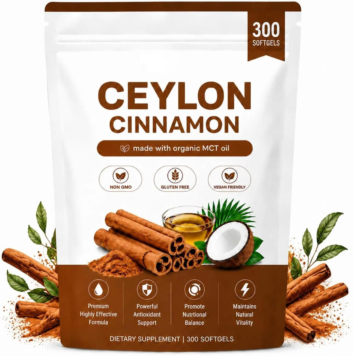 Ceylon Cinnamon 7,200Mg Equivalent | 300 Softgels with MCT Oil | Highly Bioavail