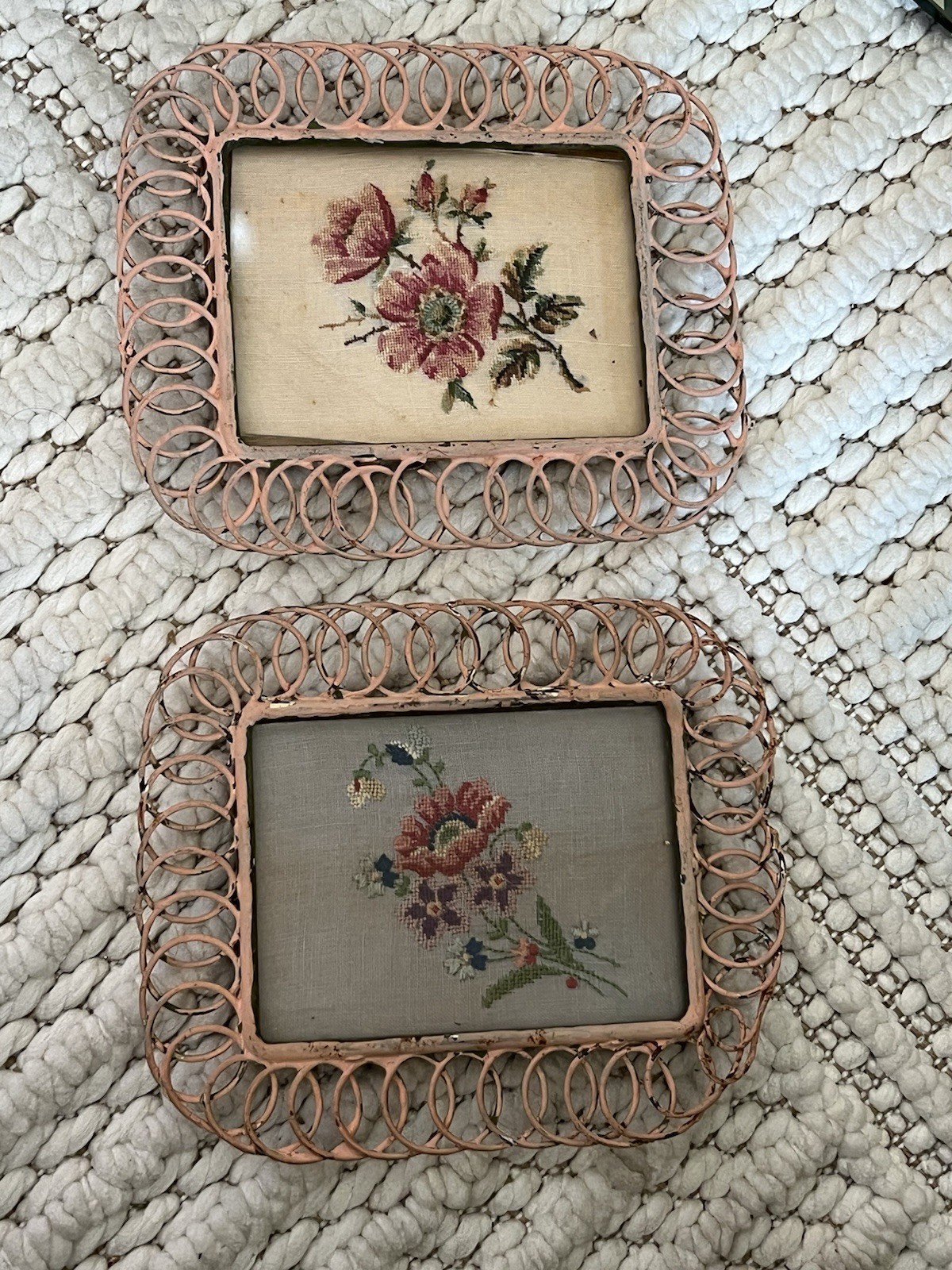Vintage mini Framed needlepoint floral Art In Distressed Pink Metal frames Vintage mini Framed needlepoint floral Art In Distressed Pink Metal frames