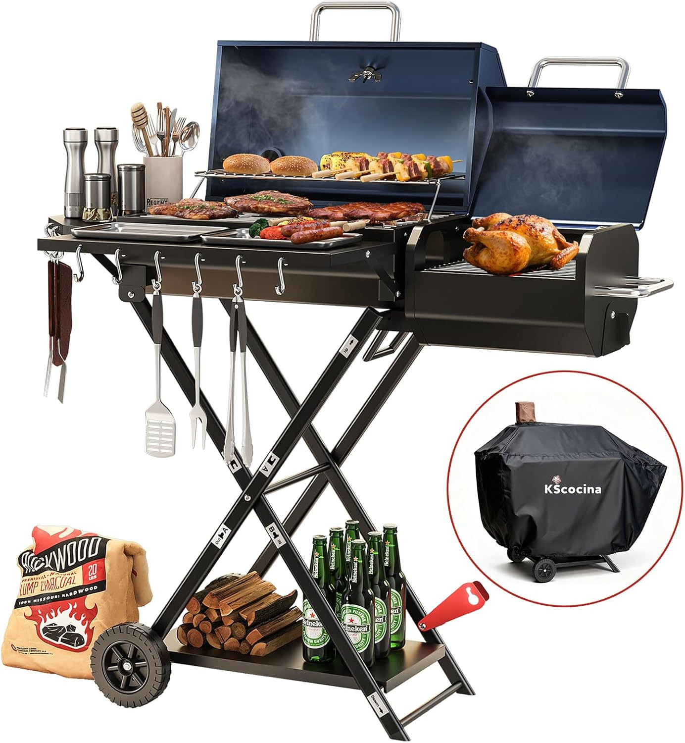 Blue Portable Charcoal Grill on Wheels with Smoking Function & Cover