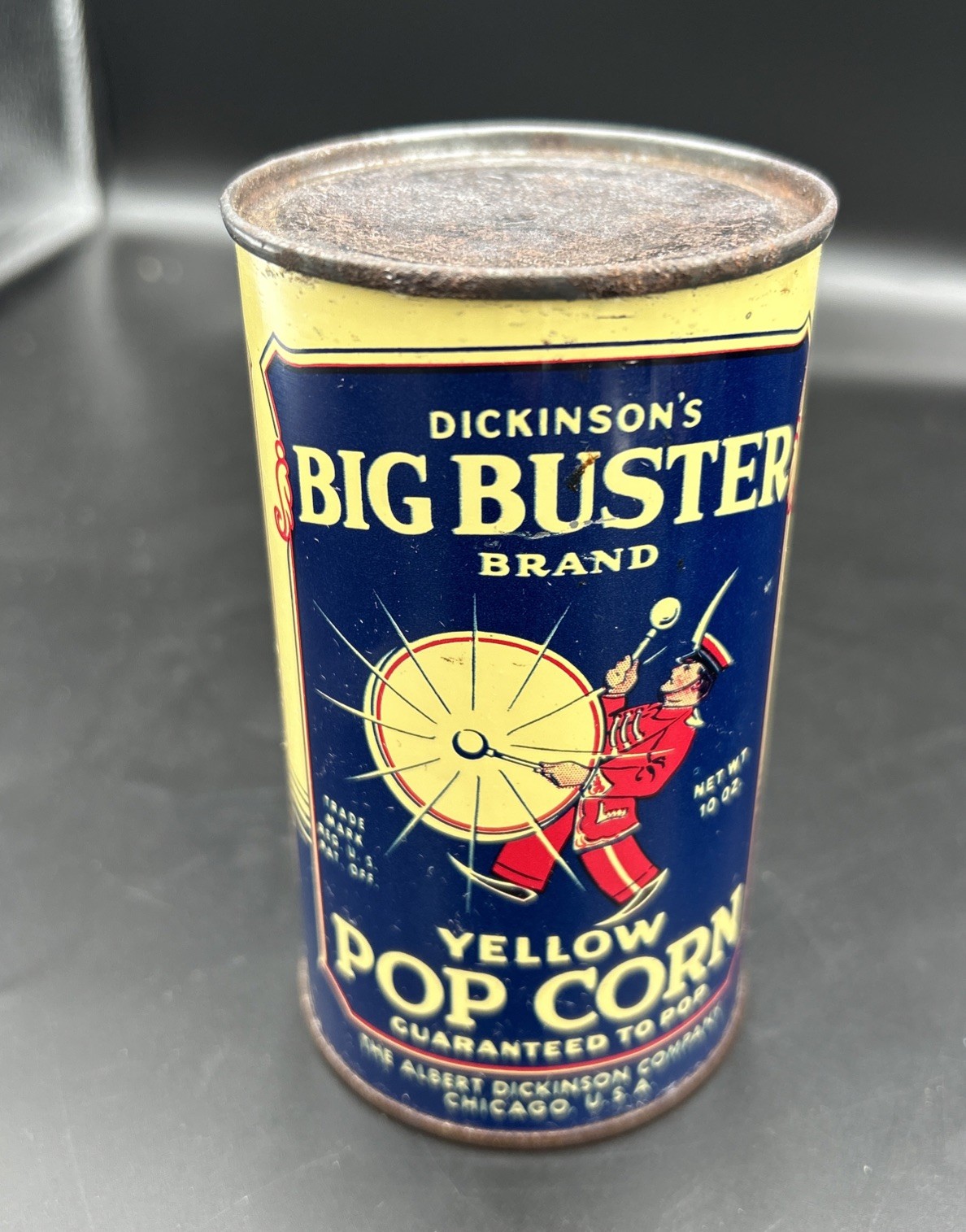 Dickinson Co Antique Big Buster Popcorn in Tin Can Sealed Chicago Blue Can 10 oz