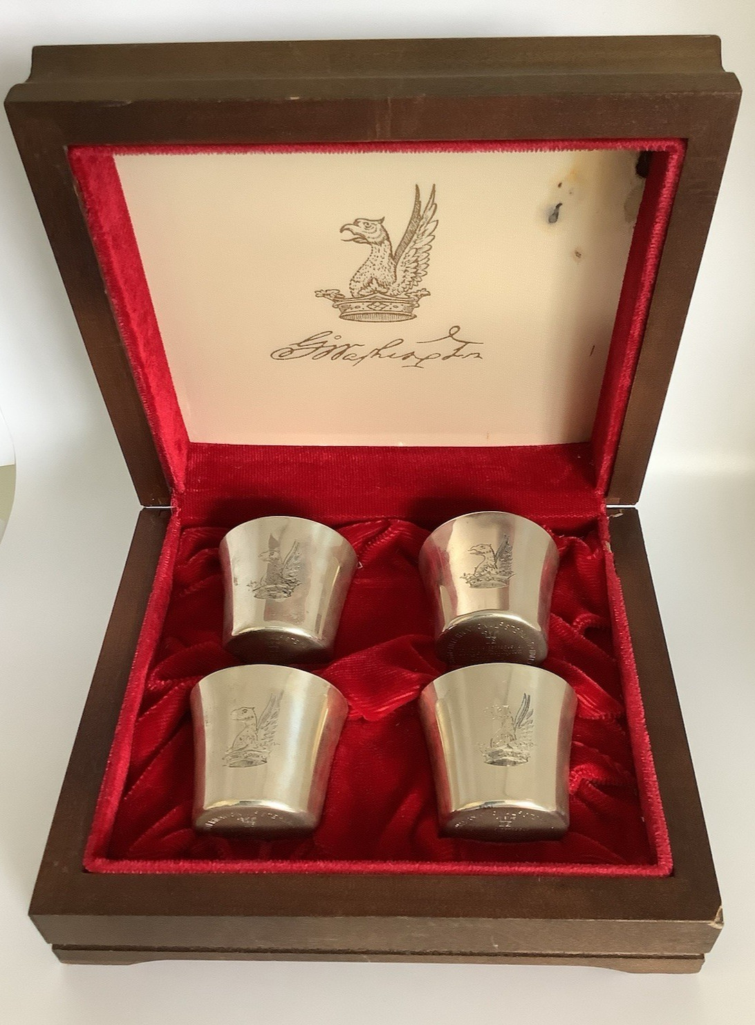 George Washington Sterling Camp Cups Boxed Set Int. Silver Archives Velvet